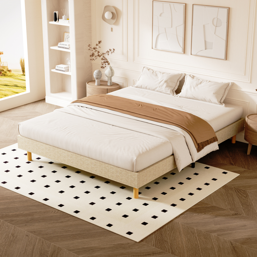 Beige DEWINNER Upholstered Bed Frame with 14 Slats & 6 Support Legs, 29cm High Sturdy Base