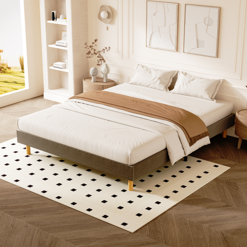 Beige DEWINNER Upholstered Bed Frame with 14 Slats & 6 Support Legs, 29cm High Sturdy Base