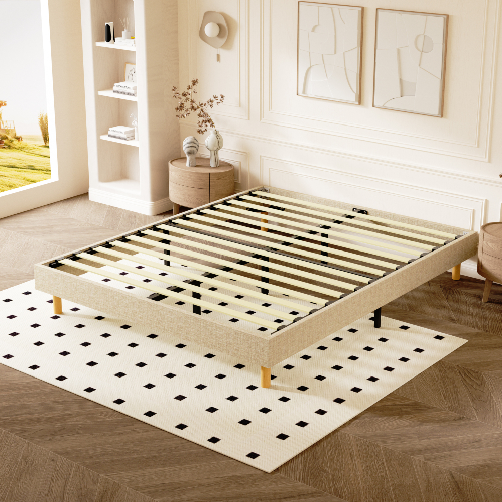 Beige DEWINNER Upholstered Bed Frame with 14 Slats & 6 Support Legs, 29cm High Sturdy Base