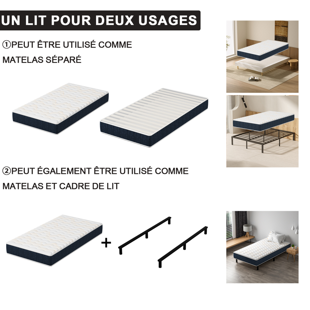 Mattress & Bed Base Set | Pocket Spring Mattress + Sturdy Metal Bed Frame with 6 Legs, Complete Bed,  High Resilience & Breathable