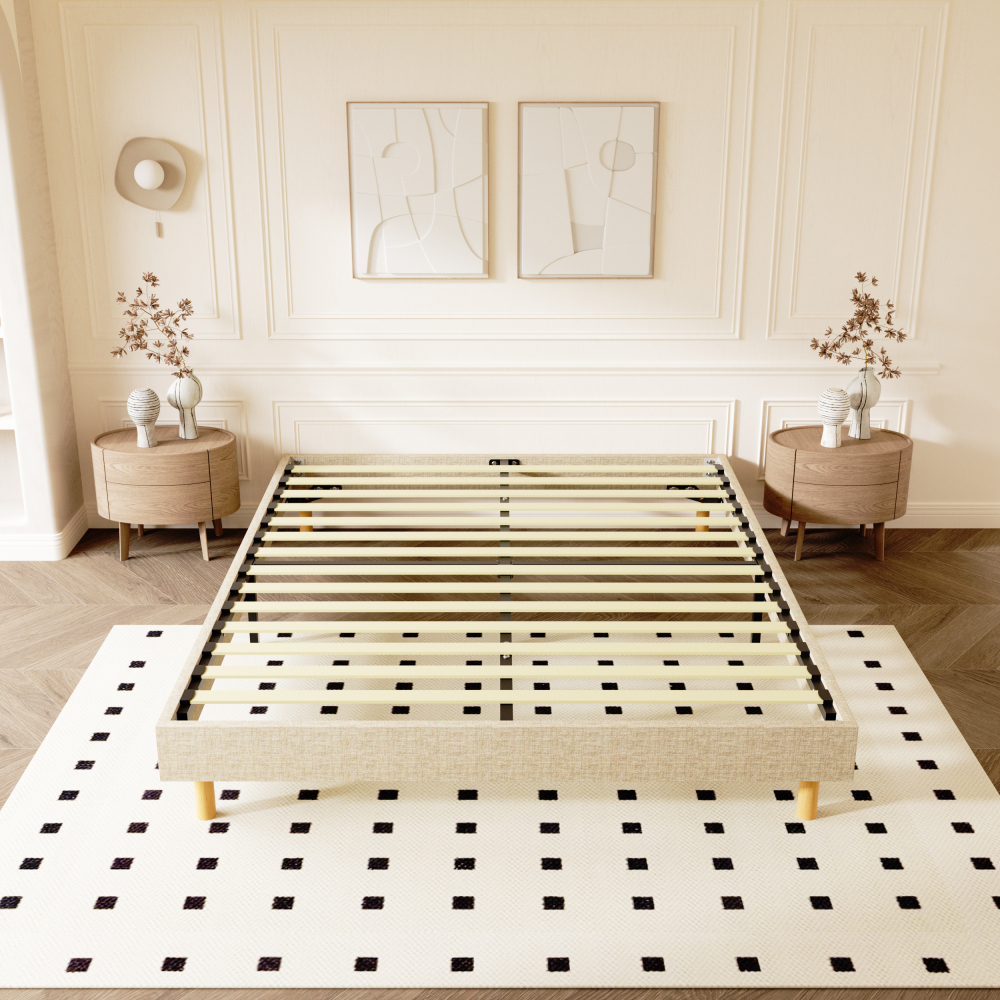Beige DEWINNER Upholstered Bed Frame with 14 Slats & 6 Support Legs, 29cm High Sturdy Base