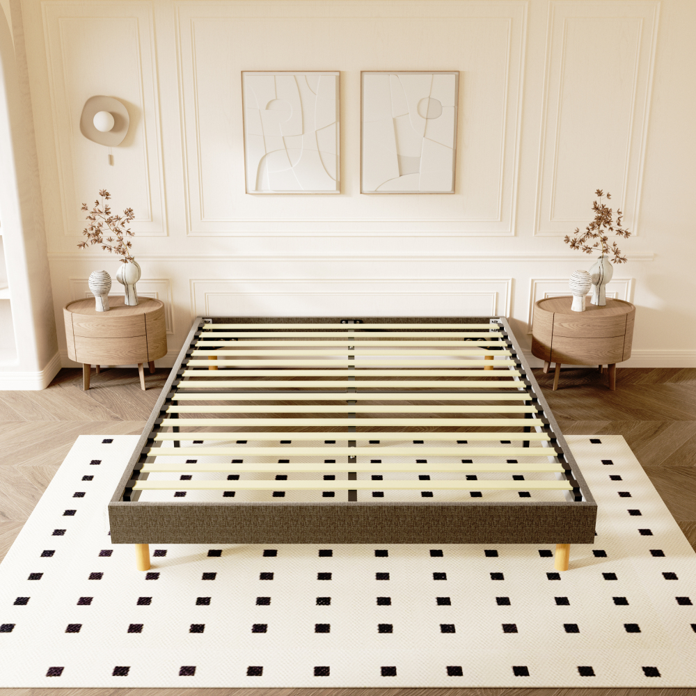 Beige DEWINNER Upholstered Bed Frame with 14 Slats & 6 Support Legs, 29cm High Sturdy Base