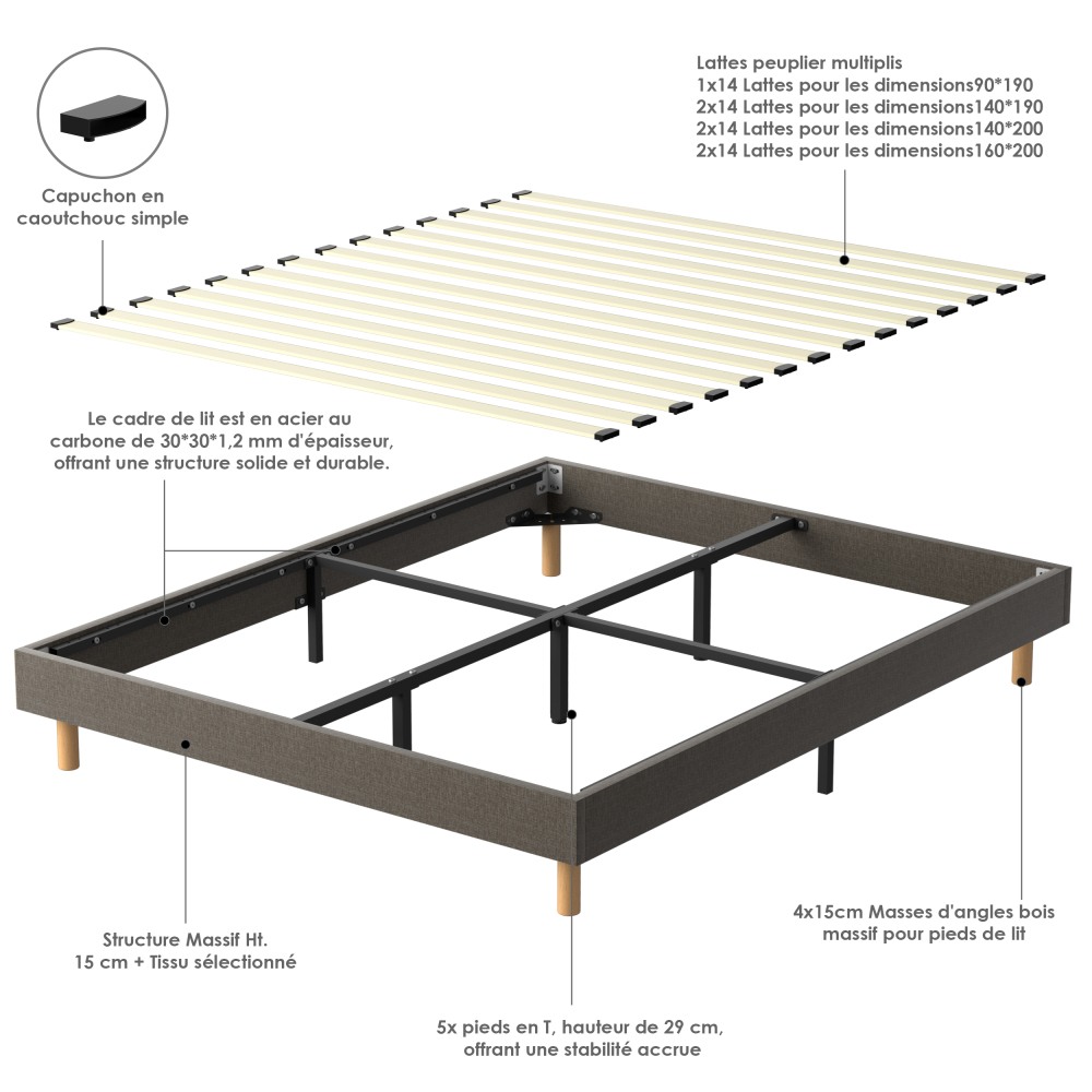 Beige DEWINNER Upholstered Bed Frame with 14 Slats & 6 Support Legs, 29cm High Sturdy Base