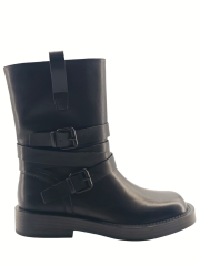 Black Multi Buckle Moto Flat Boots,MY SHOP,Black Multi Buckle Moto Flat Boots