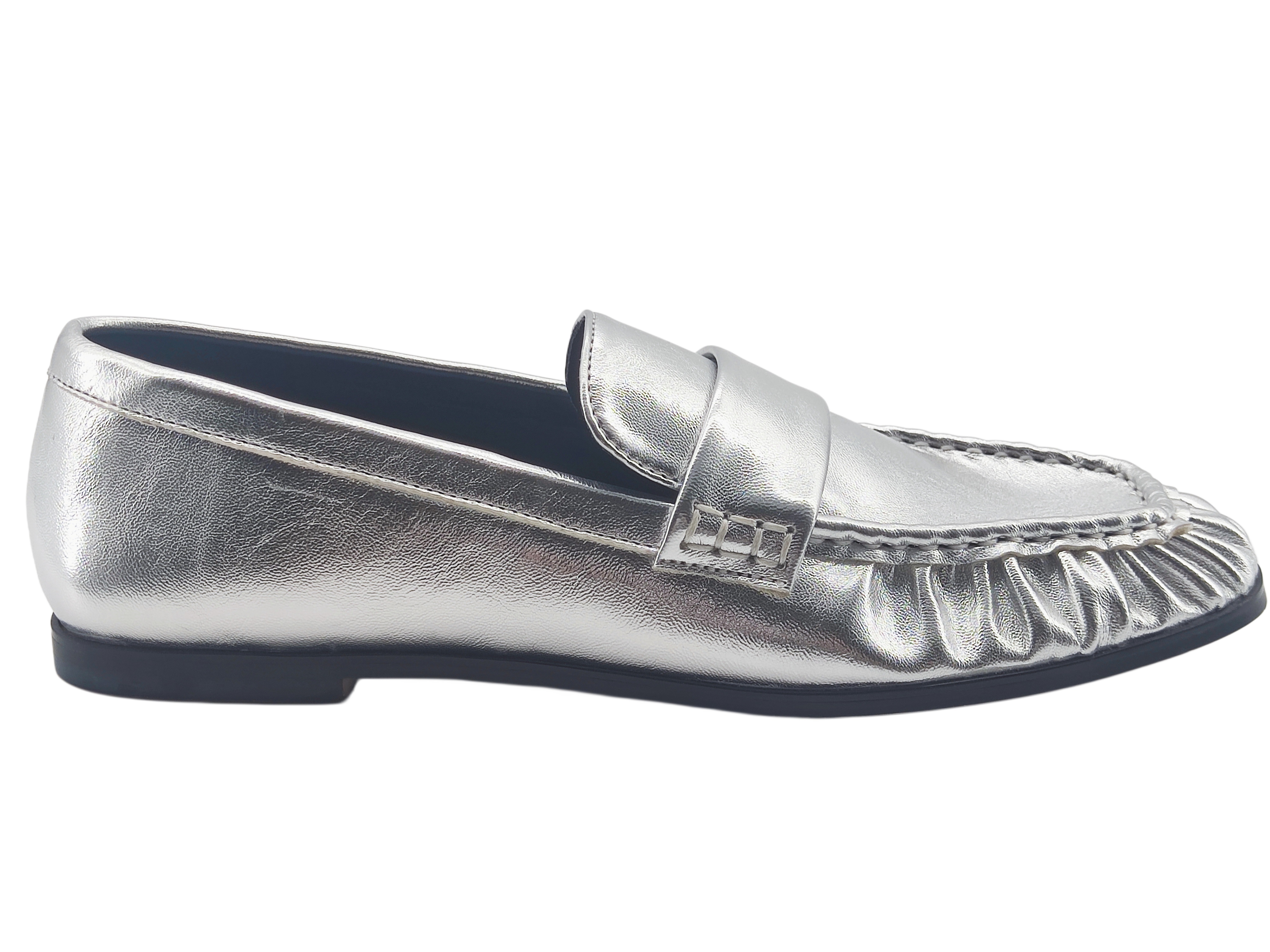 Silver Ruched Metallic Loafers,MY SHOP,Silver Ruched Metallic Loafers