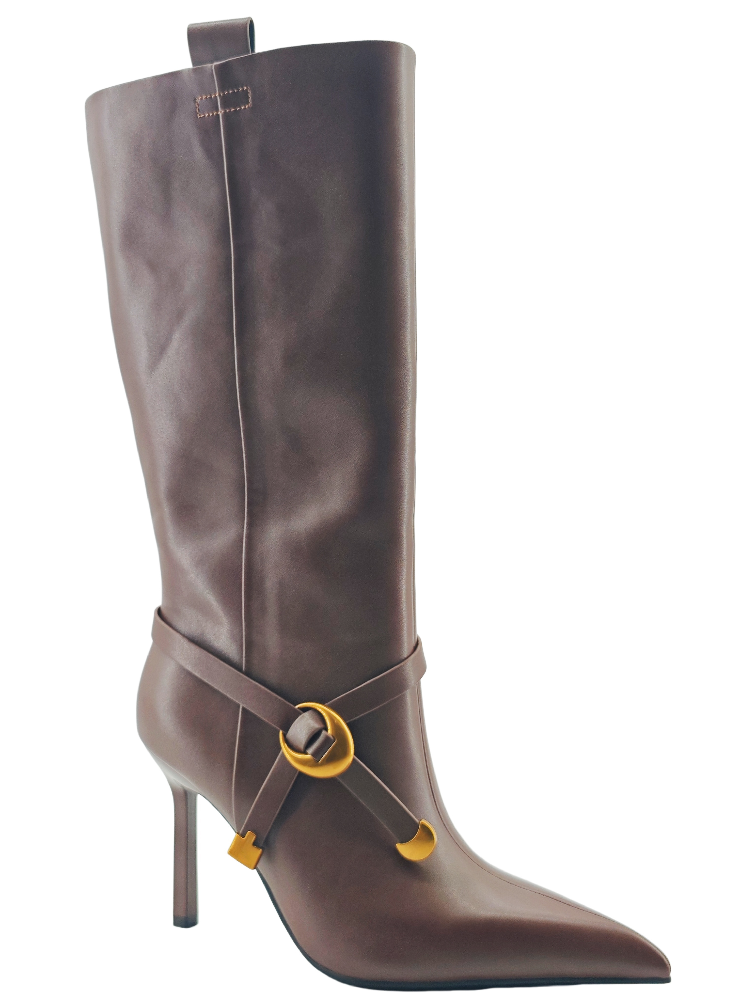 Brown Metal Ring Stiletto Tall Boots,MY SHOP,Brown Metal Ring Stiletto Tall Boots