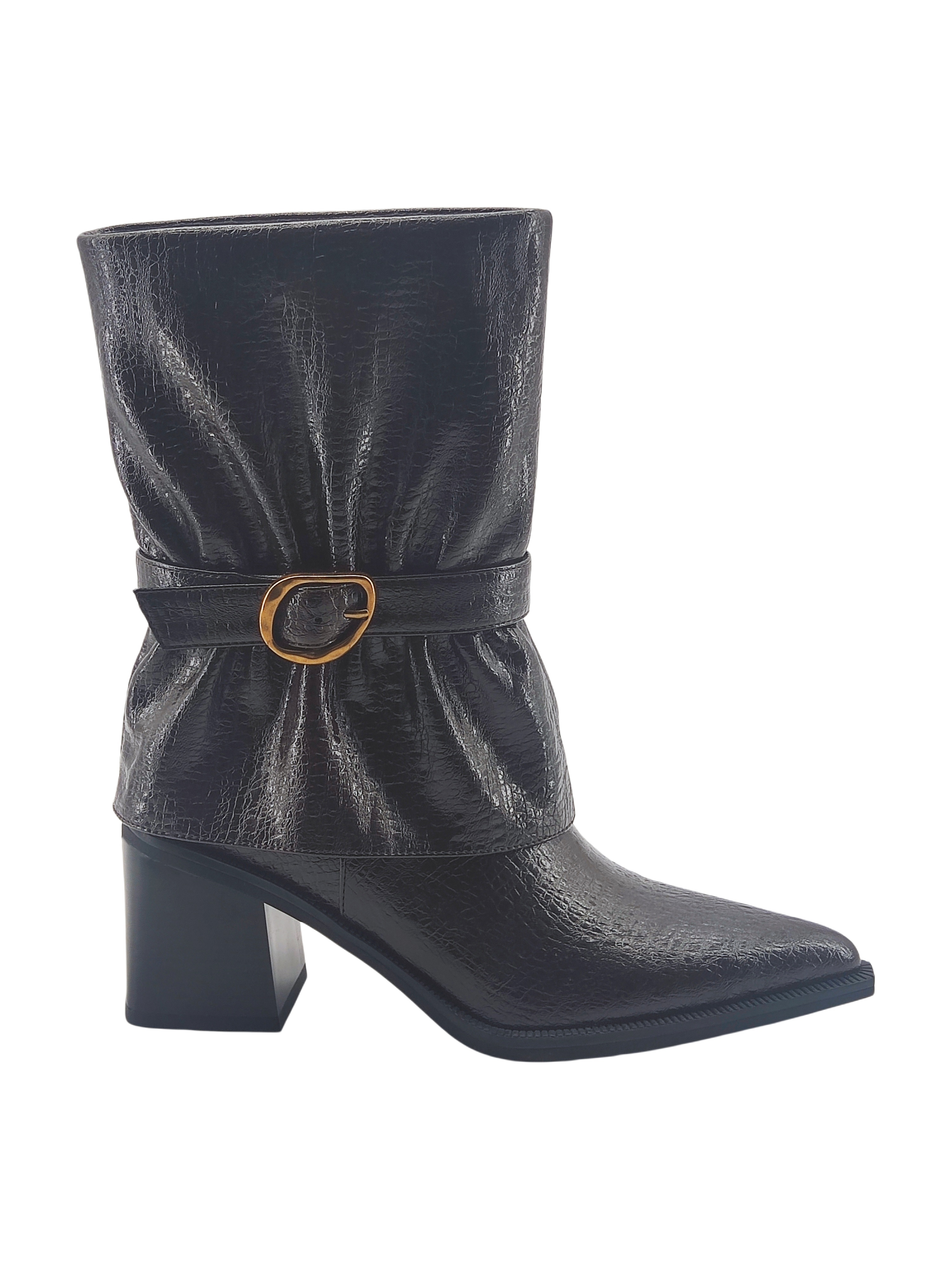 Black Croc Buckle Block Heel Ankle Boots,COSMO Footwear,Black Croc Buckle Block Heel Ankle Boots