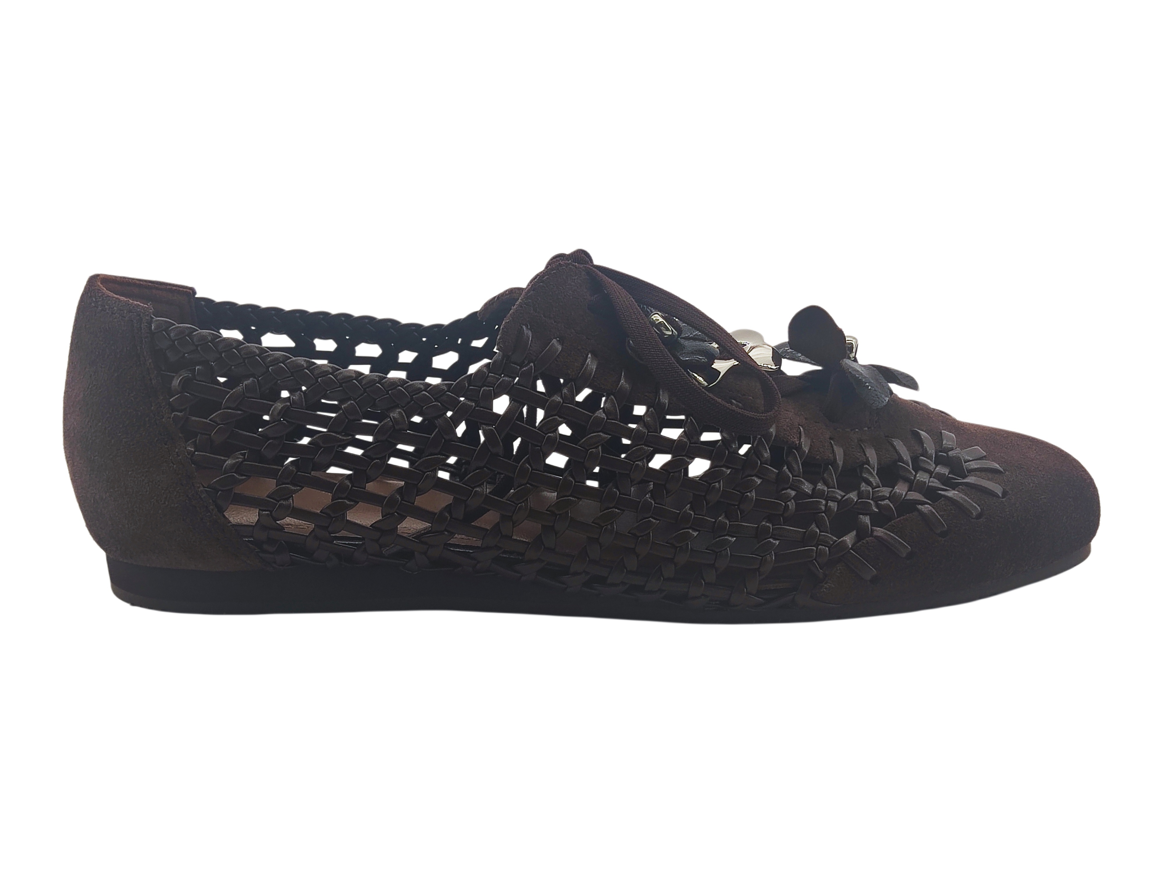 Dark Brown Woven Cutout Lace Flats,COSMO Footwear,Dark Brown Woven Cutout Lace Flats