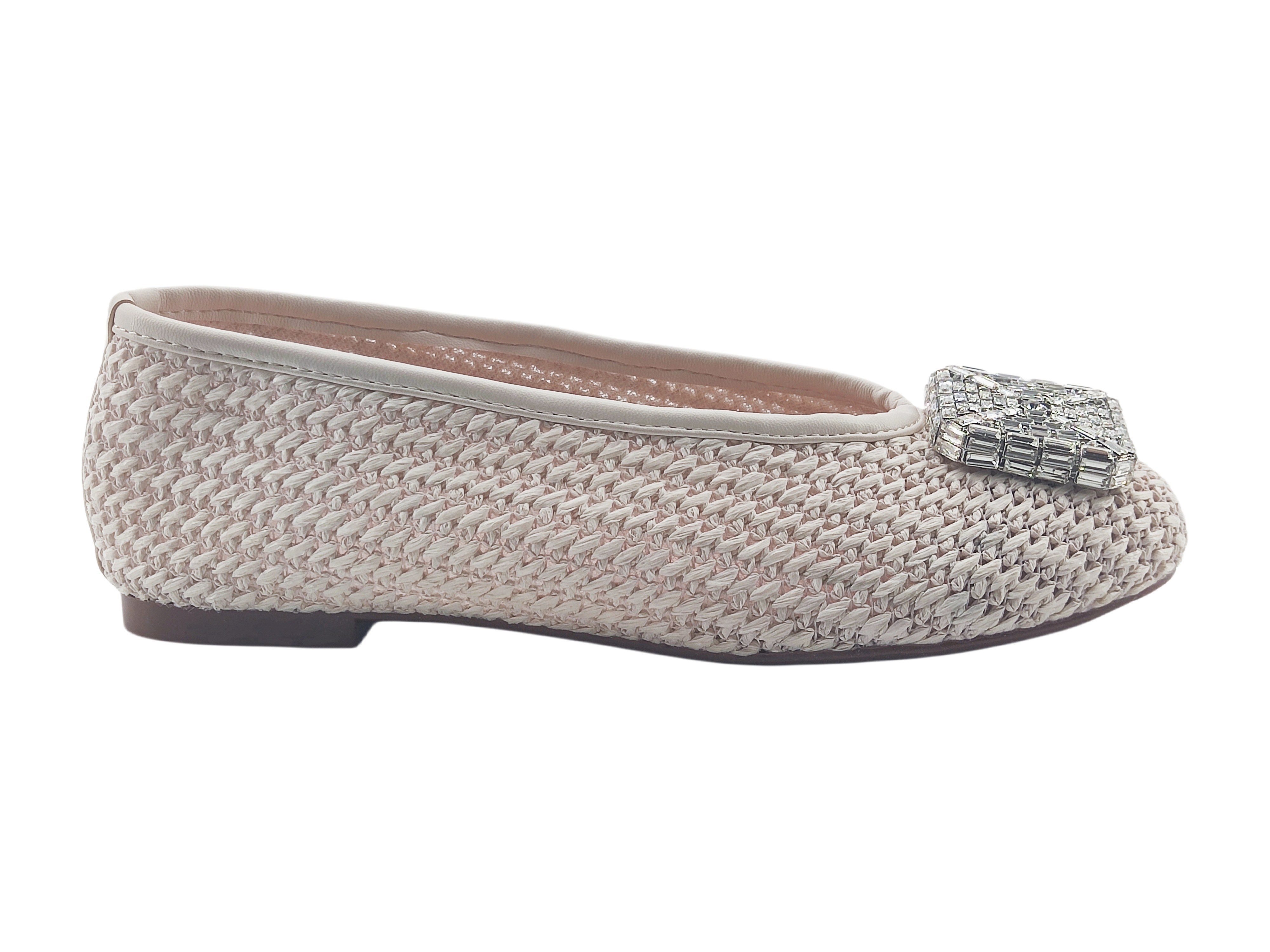 Beige Raffia Rhinestone Square Buckle Ballet Flats,COSMO Footwear,Beige Raffia Rhinestone Square Buckle Ballet Flats