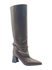 Dark Brown Metal Ring Block Heel Tall Boots,COSMO Footwear,Dark Brown Metal Ring Block Heel Tall Boots