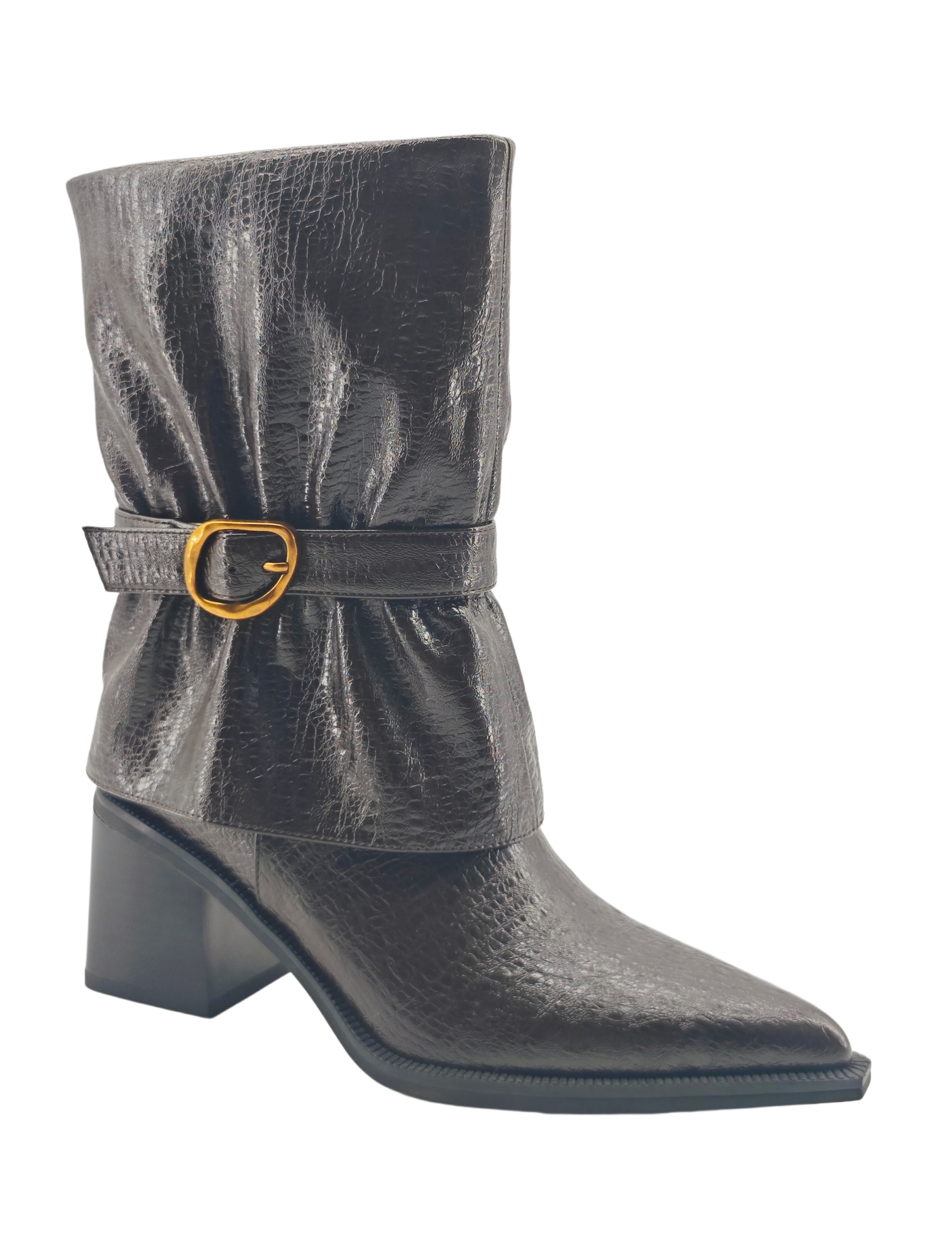 Black Croc Buckle Block Heel Ankle Boots,COSMO Footwear,Black Croc Buckle Block Heel Ankle Boots