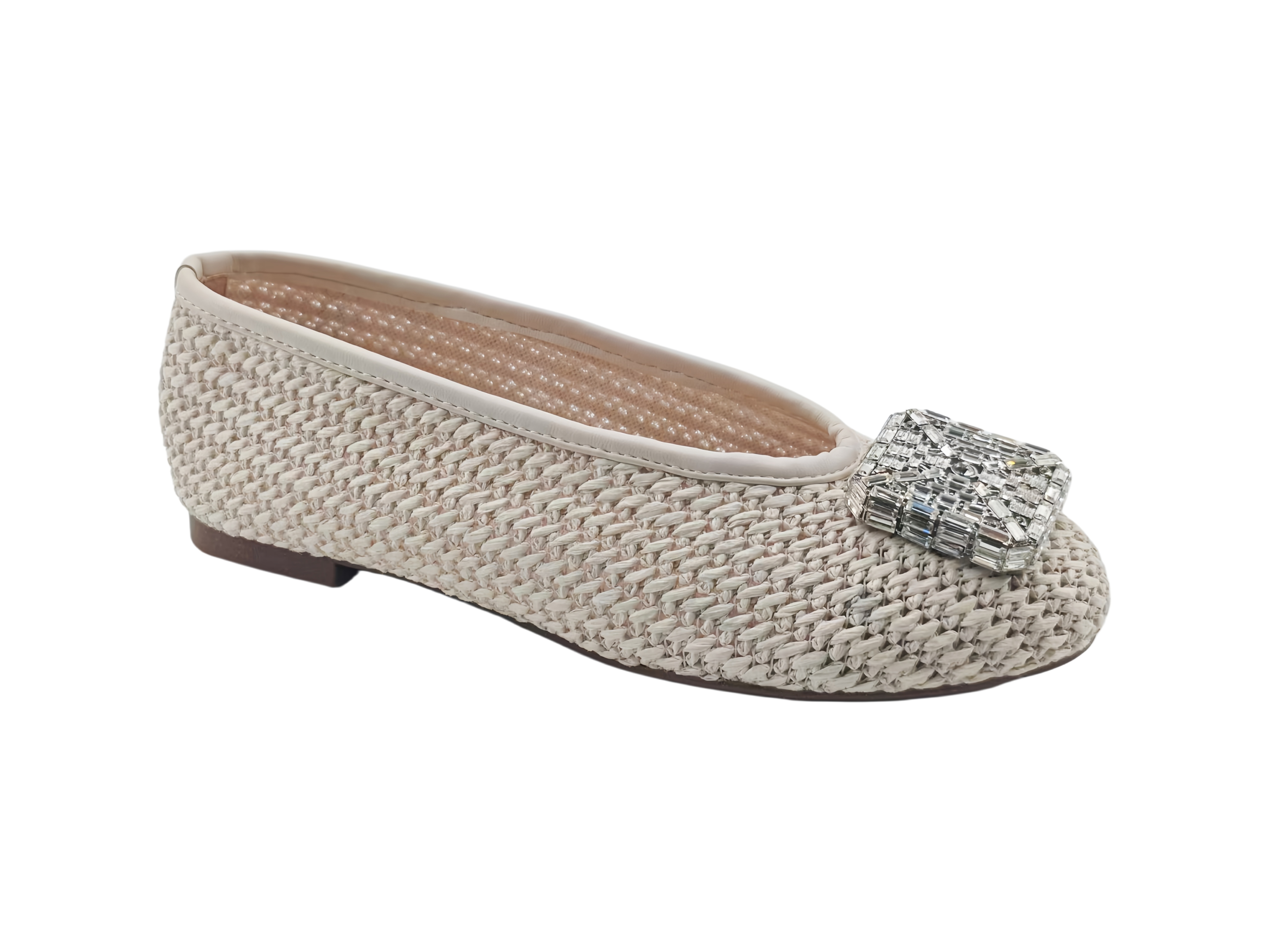 Beige Raffia Rhinestone Square Buckle Ballet Flats,COSMO Footwear,Beige Raffia Rhinestone Square Buckle Ballet Flats