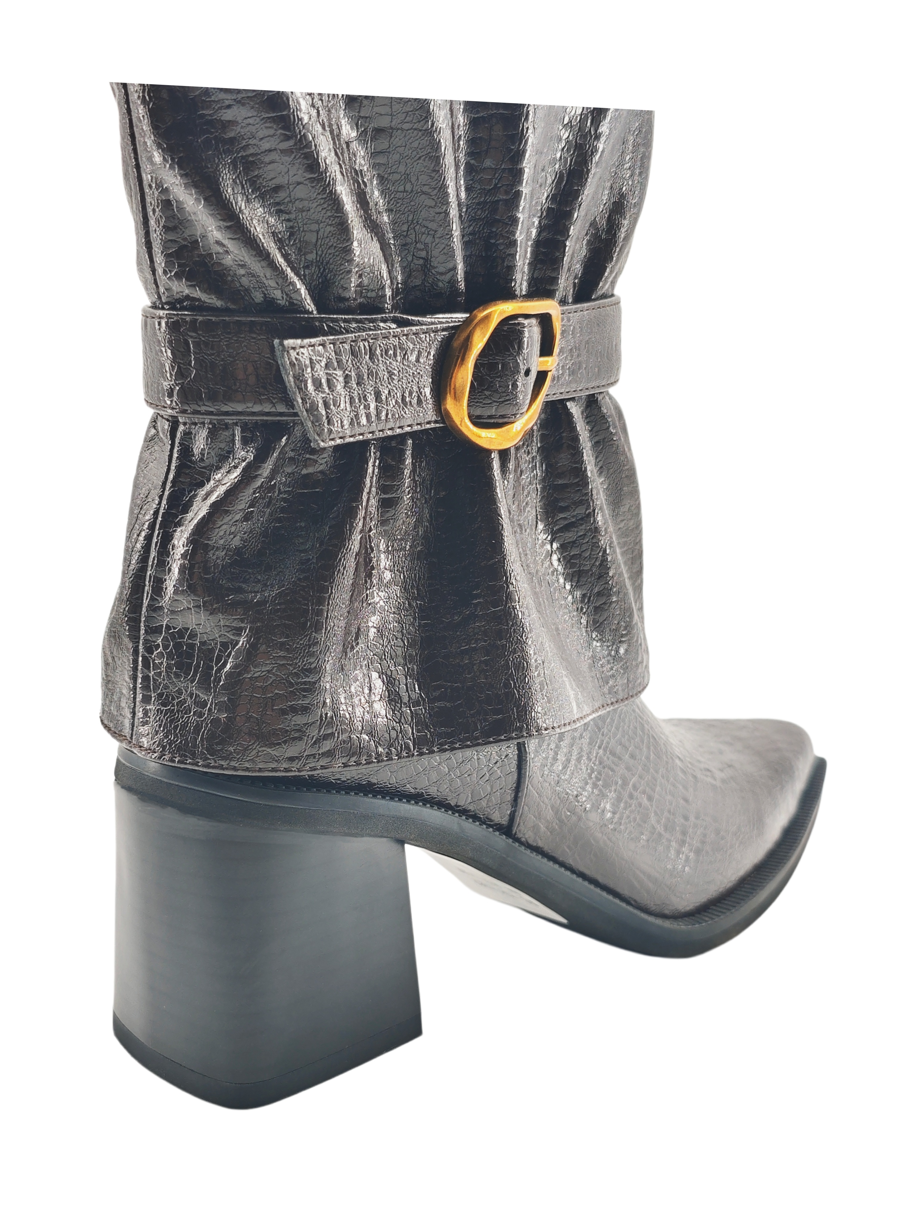Black Croc Buckle Block Heel Ankle Boots,COSMO Footwear,Black Croc Buckle Block Heel Ankle Boots