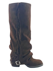 Dark Suede Fringe Multi Buckle Slouch Tall Boots,COSMO Footwear,Dark Suede Fringe Multi Buckle Slouch Tall Boots-COSMO Footwear