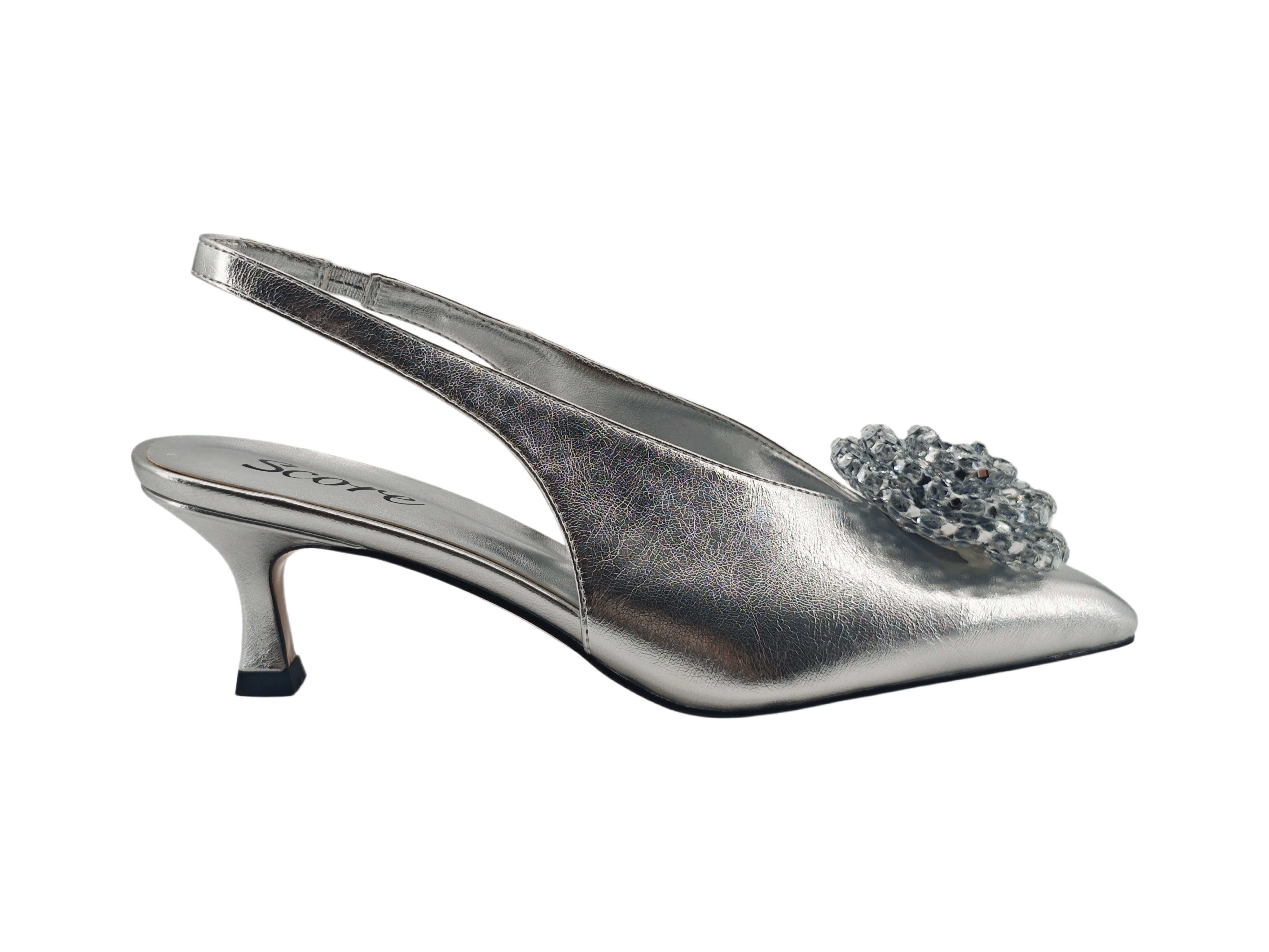 Silver Crystal Flower Pointed Slingback Heels,COSMO Footwear,Silver Crystal Flower Pointed Slingback Heels