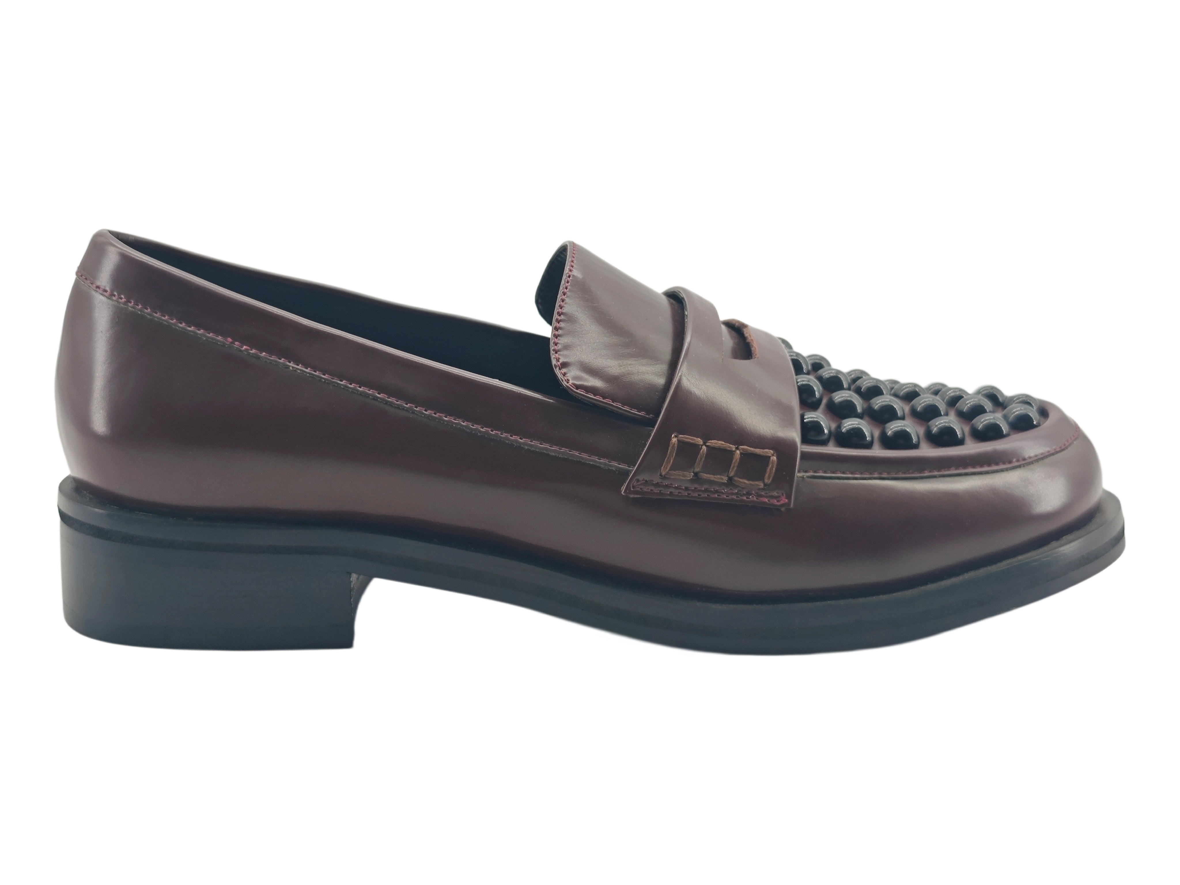 Burgundy Bead Stud Leather Loafers,COSMO Footwear,Burgundy Bead Stud Leather Loafers