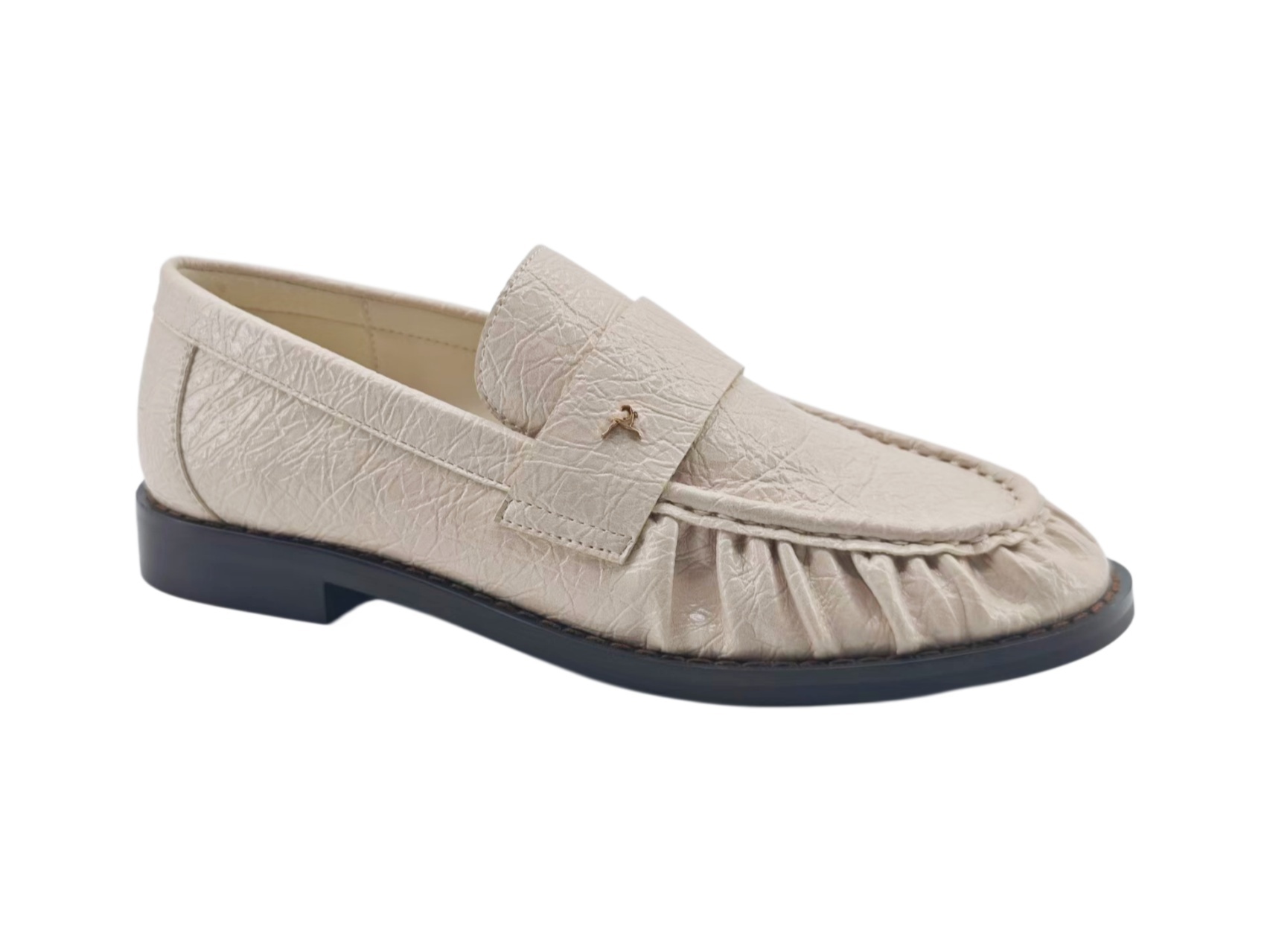 Beige Ruched Textured Gold Stud Loafers,COSMO Footwear,Beige Ruched Textured Gold Stud Loafers