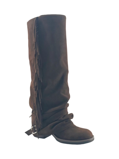 Dark Suede Fringe Multi Buckle Slouch Tall Boots,COSMO Footwear,Dark Suede Fringe Multi Buckle Slouch Tall Boots-COSMO Footwear