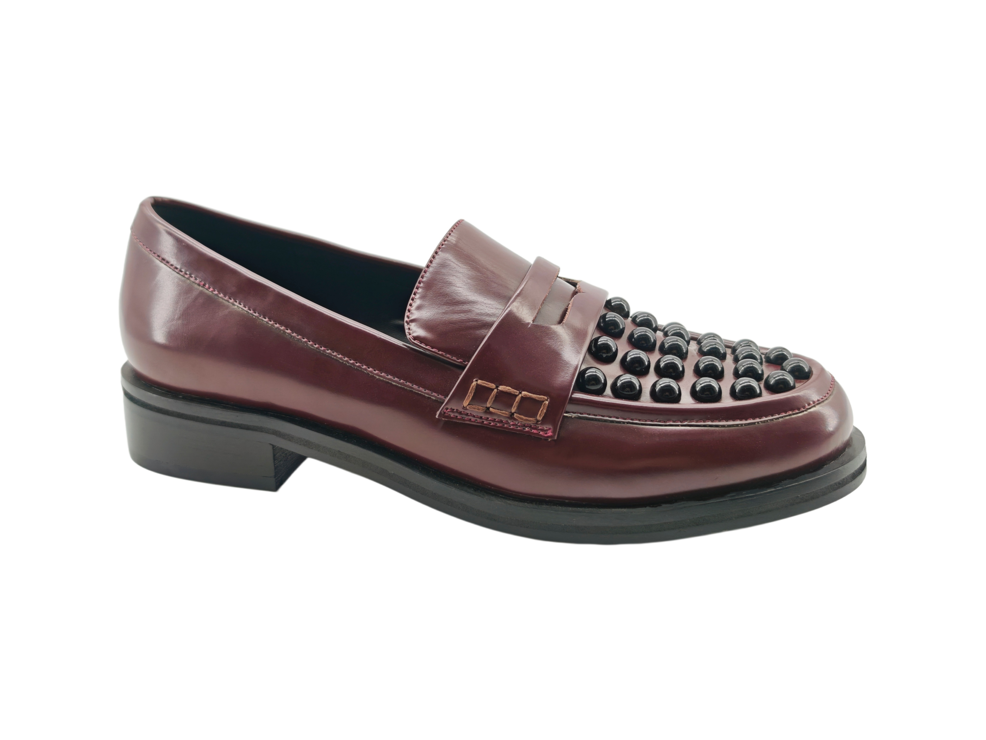 Burgundy Bead Stud Leather Loafers,COSMO Footwear,Burgundy Bead Stud Leather Loafers