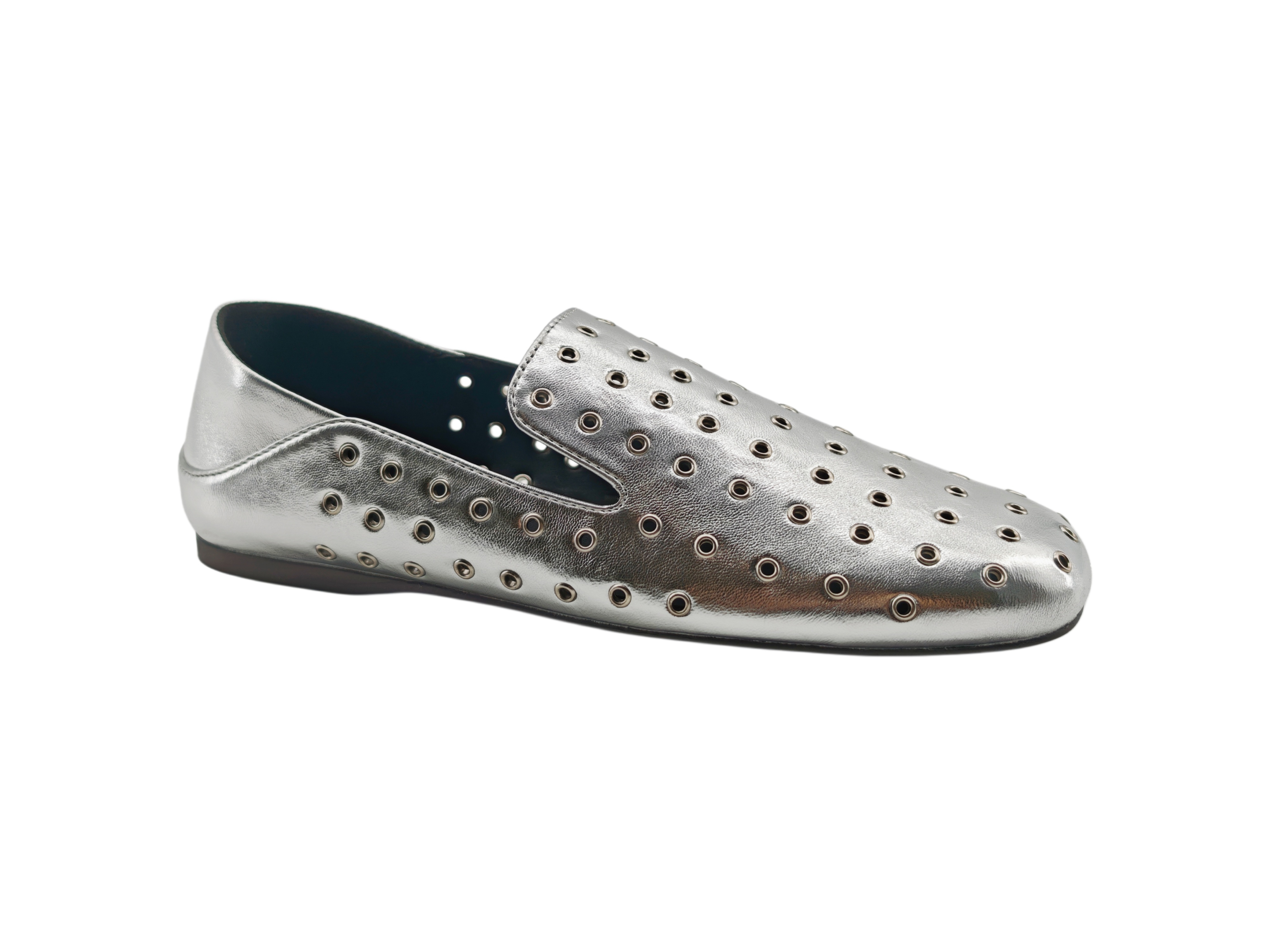 Silver Metallic Eyelet Slip On Loafers,COSMO Footwear,Silver Metallic Eyelet Slip On Loafers