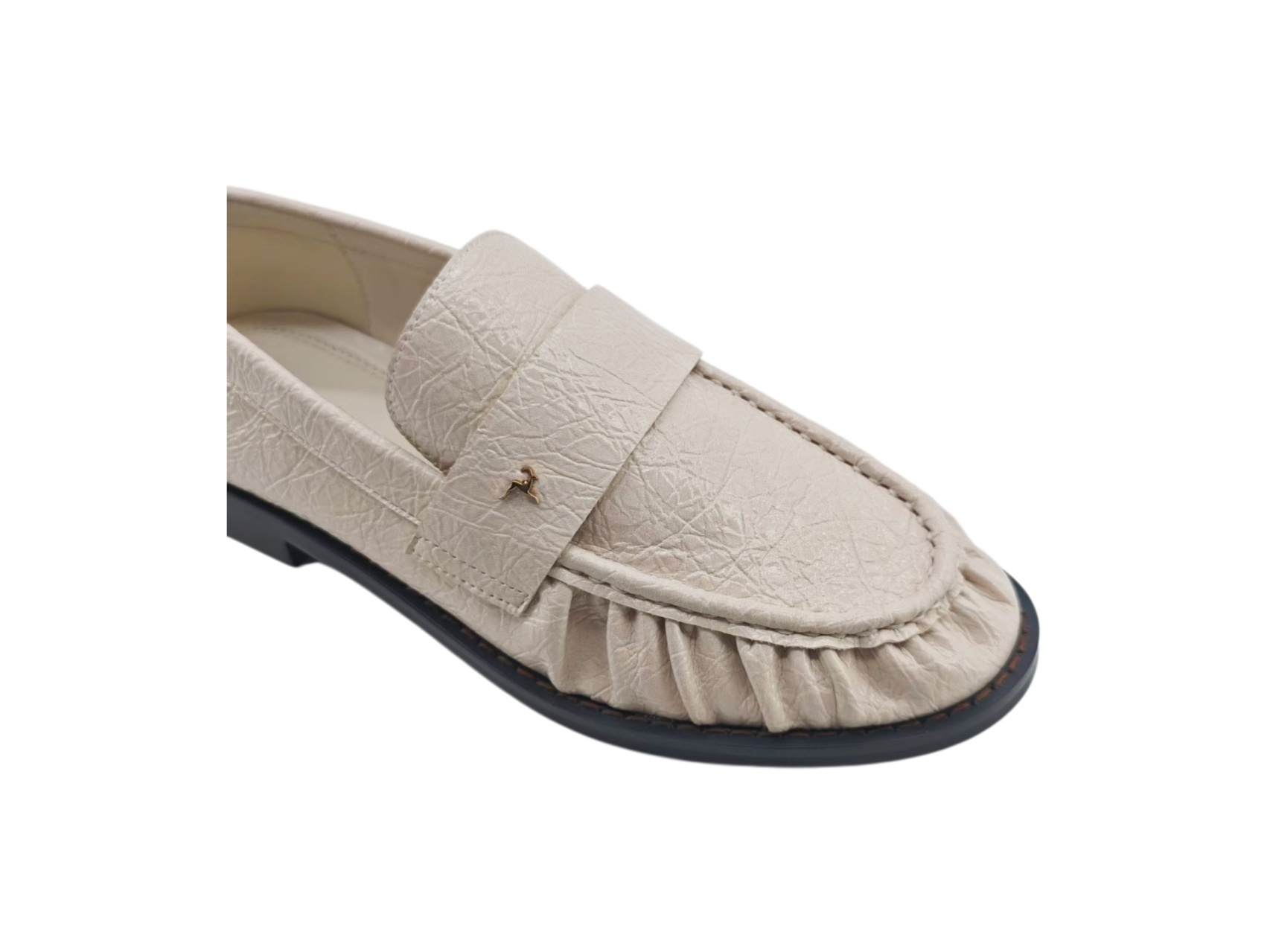 Beige Ruched Textured Gold Stud Loafers,COSMO Footwear,Beige Ruched Textured Gold Stud Loafers