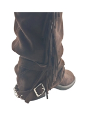 Dark Suede Fringe Multi Buckle Slouch Tall Boots,COSMO Footwear,Dark Suede Fringe Multi Buckle Slouch Tall Boots-COSMO Footwear