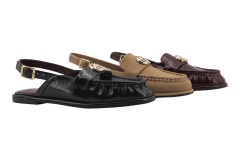 Lira Sling Loafer,COSMO Footwear,Burgundy Gold Buckle Ruched Slingback Loafer Flats
