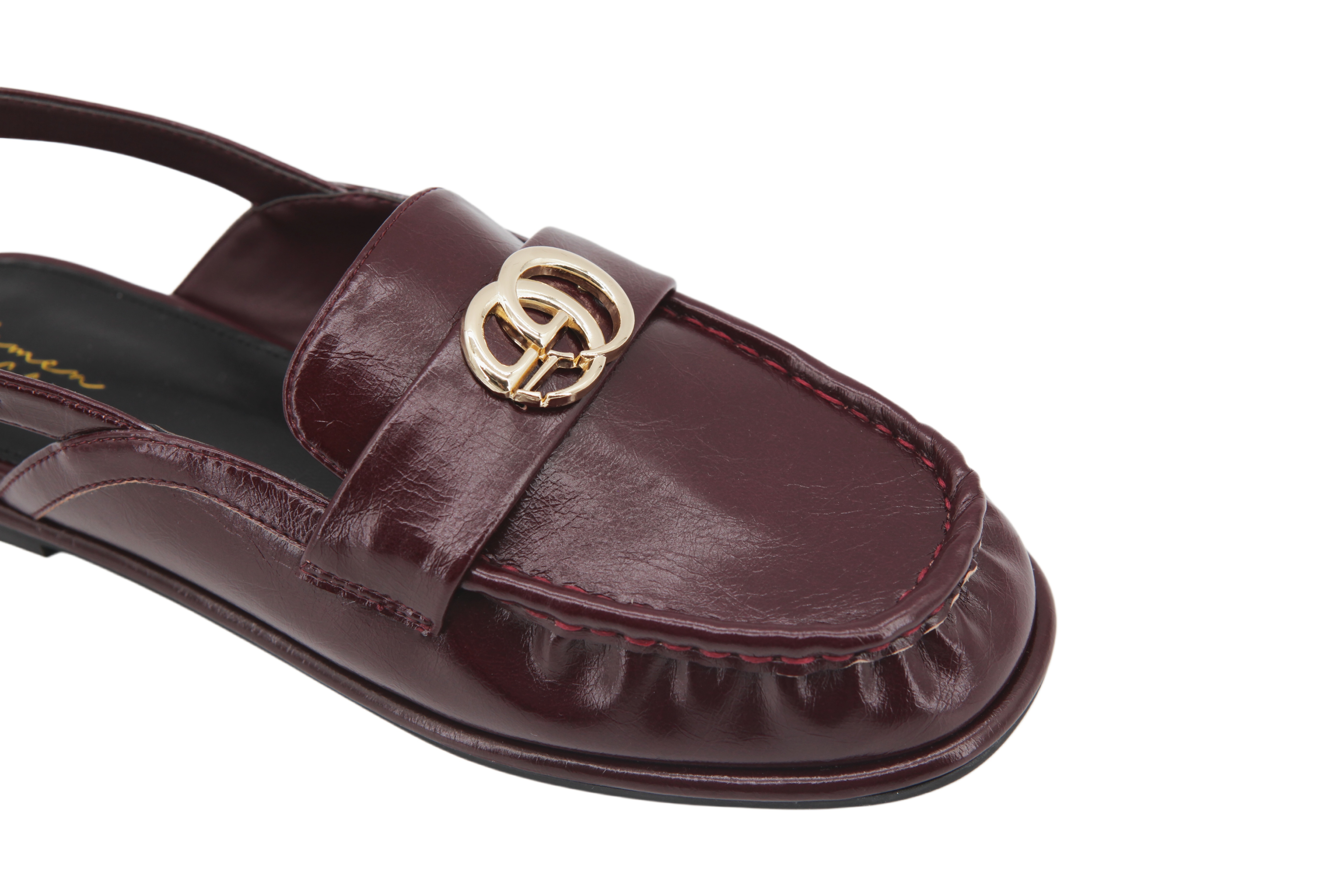 Lira Sling Loafer,COSMO Footwear,Burgundy Gold Buckle Ruched Slingback Loafer Flats