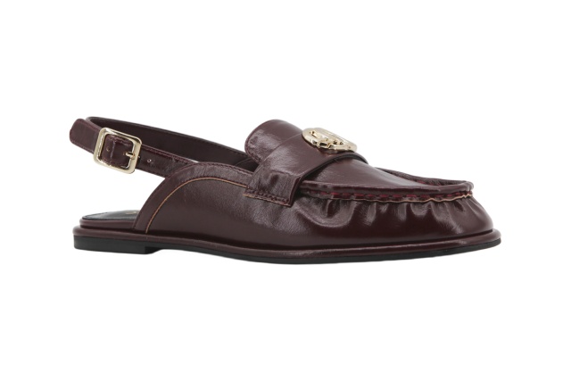 Lira Sling Loafer,COSMO Footwear,Burgundy Gold Buckle Ruched Slingback Loafer Flats