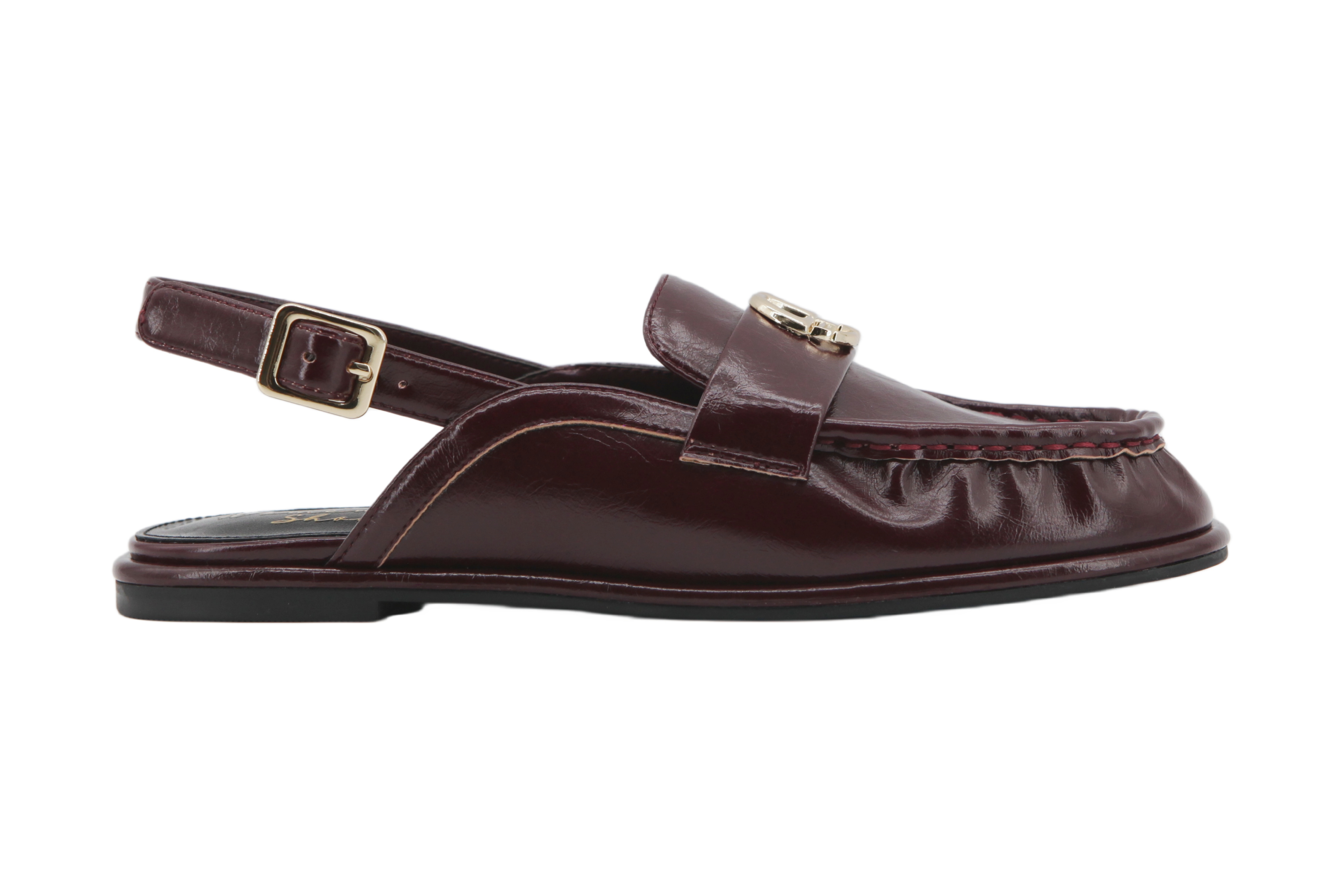 Lira Sling Loafer,COSMO Footwear,Burgundy Gold Buckle Ruched Slingback Loafer Flats