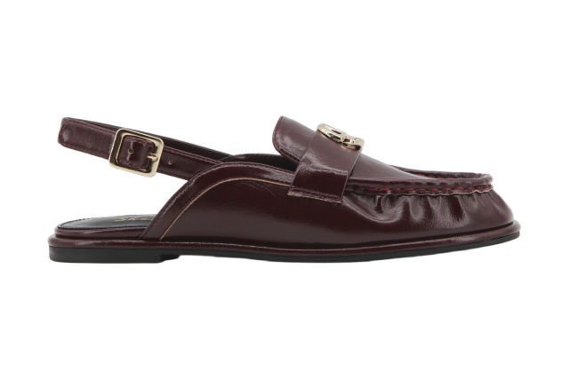 Lira Sling Loafer,COSMO Footwear,Burgundy Gold Buckle Ruched Slingback Loafer Flats