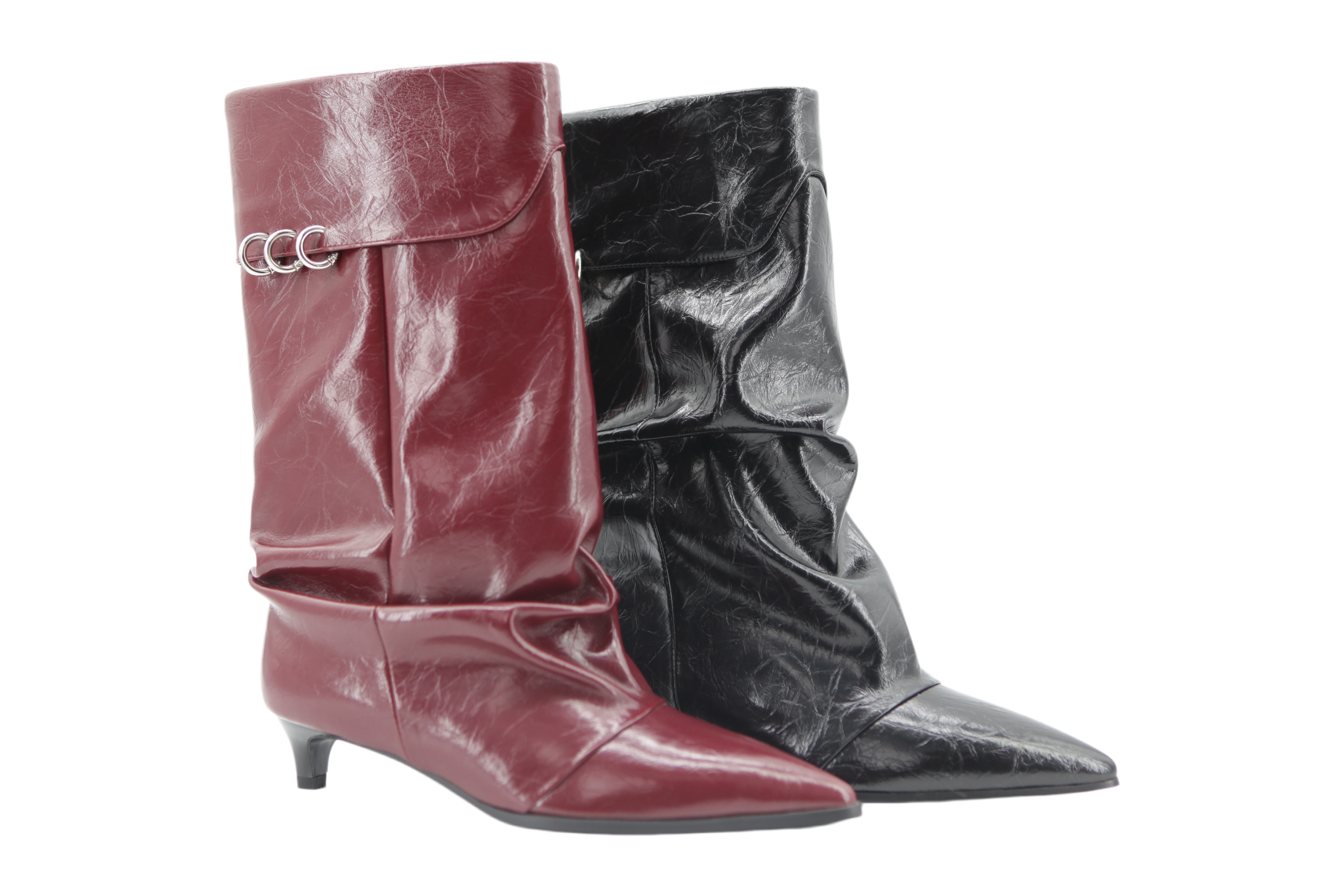 Burgundy Fold Metal Ring Slouch Point Boots,COSMO Footwear,COSMO Burgundy Metal Ring Point Boots | Women Office Shoes