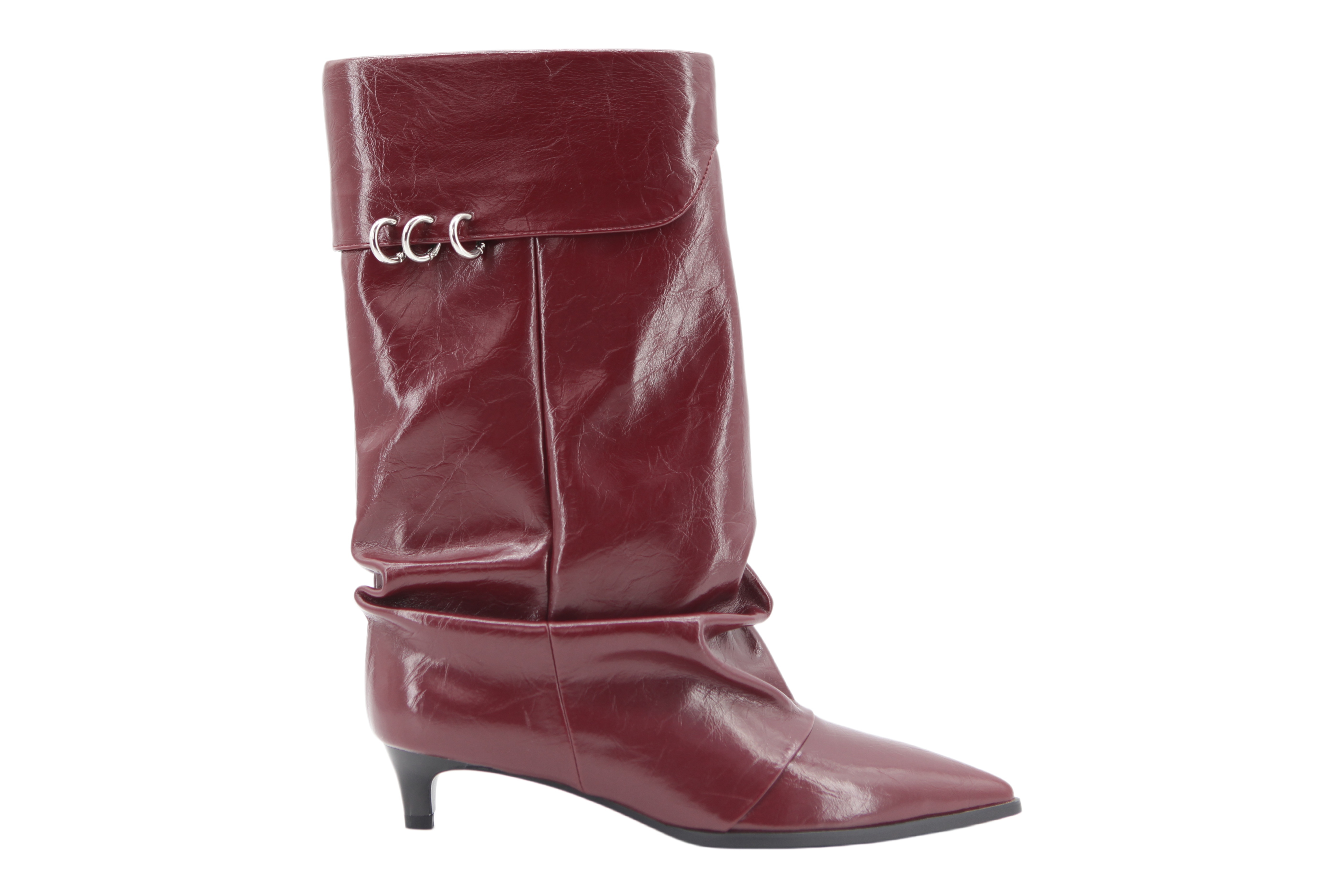 Burgundy Fold Metal Ring Slouch Point Boots,COSMO Footwear,COSMO Burgundy Metal Ring Point Boots | Women Office Shoes