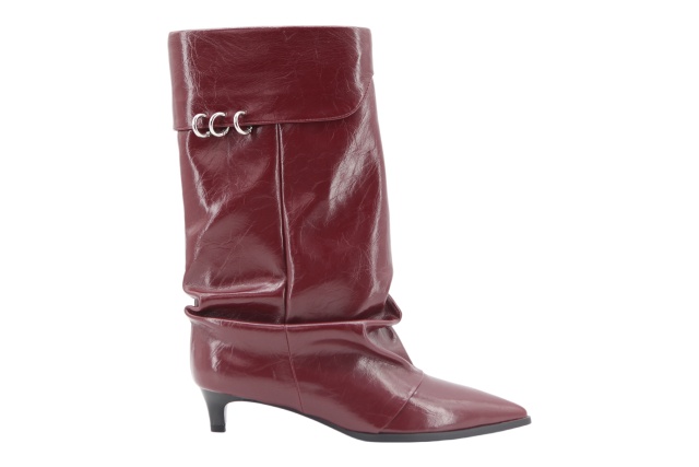 Burgundy Fold Metal Ring Slouch Point Boots,COSMO Footwear,COSMO Burgundy Metal Ring Point Boots | Women Office Shoes