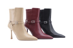 Marigold Rhinestone Boot,COSMO Footwear,Rhinestone Double Buckle Flared Heel Ankle Boots