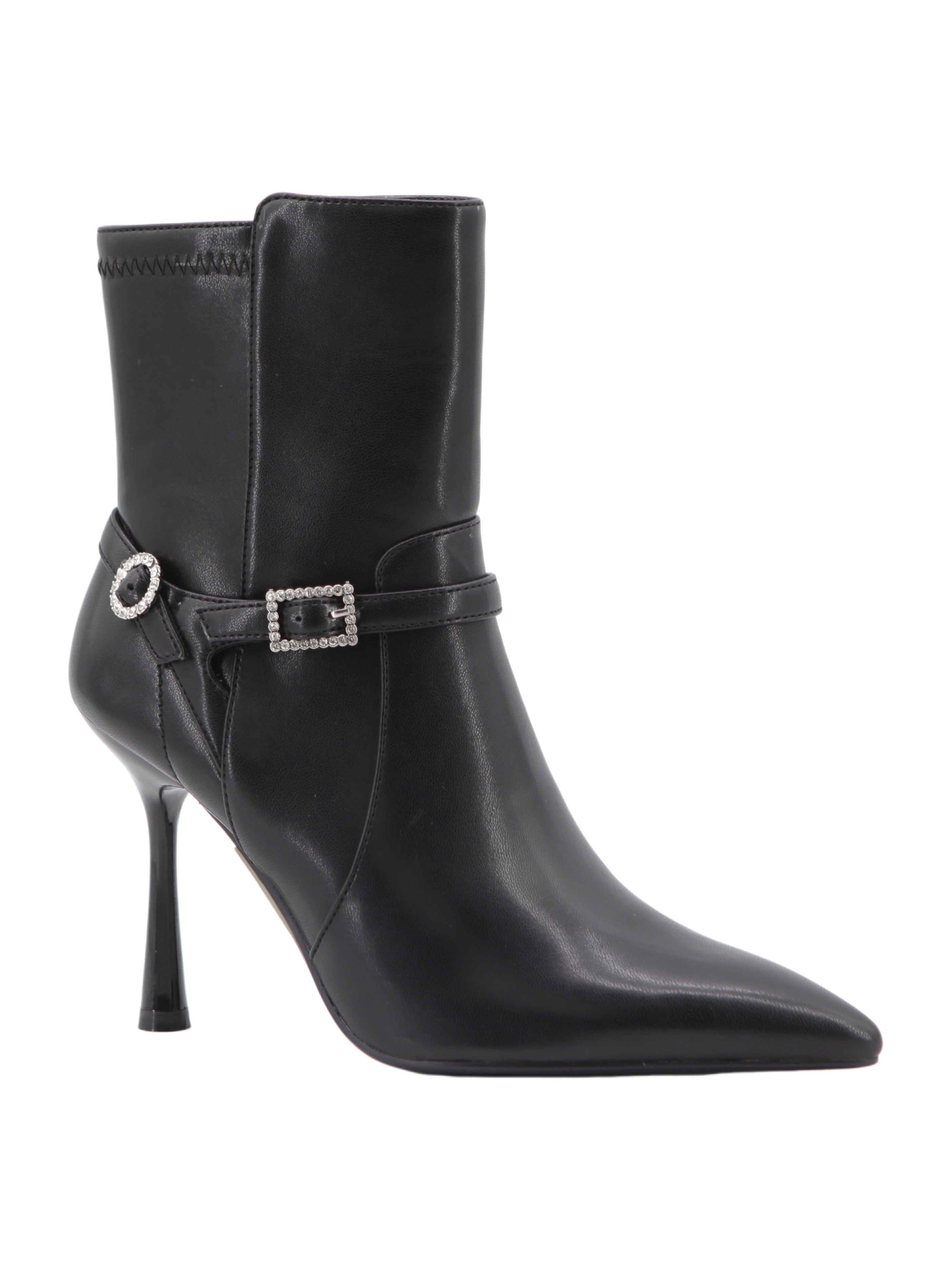 Marigold Rhinestone Boot,COSMO Footwear,Rhinestone Double Buckle Flared Heel Ankle Boots