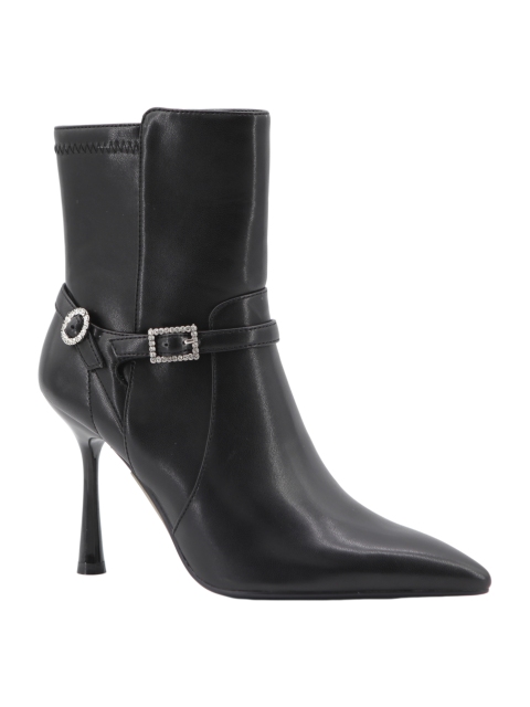 Marigold Rhinestone Boot,COSMO Footwear,Rhinestone Double Buckle Flared Heel Ankle Boots