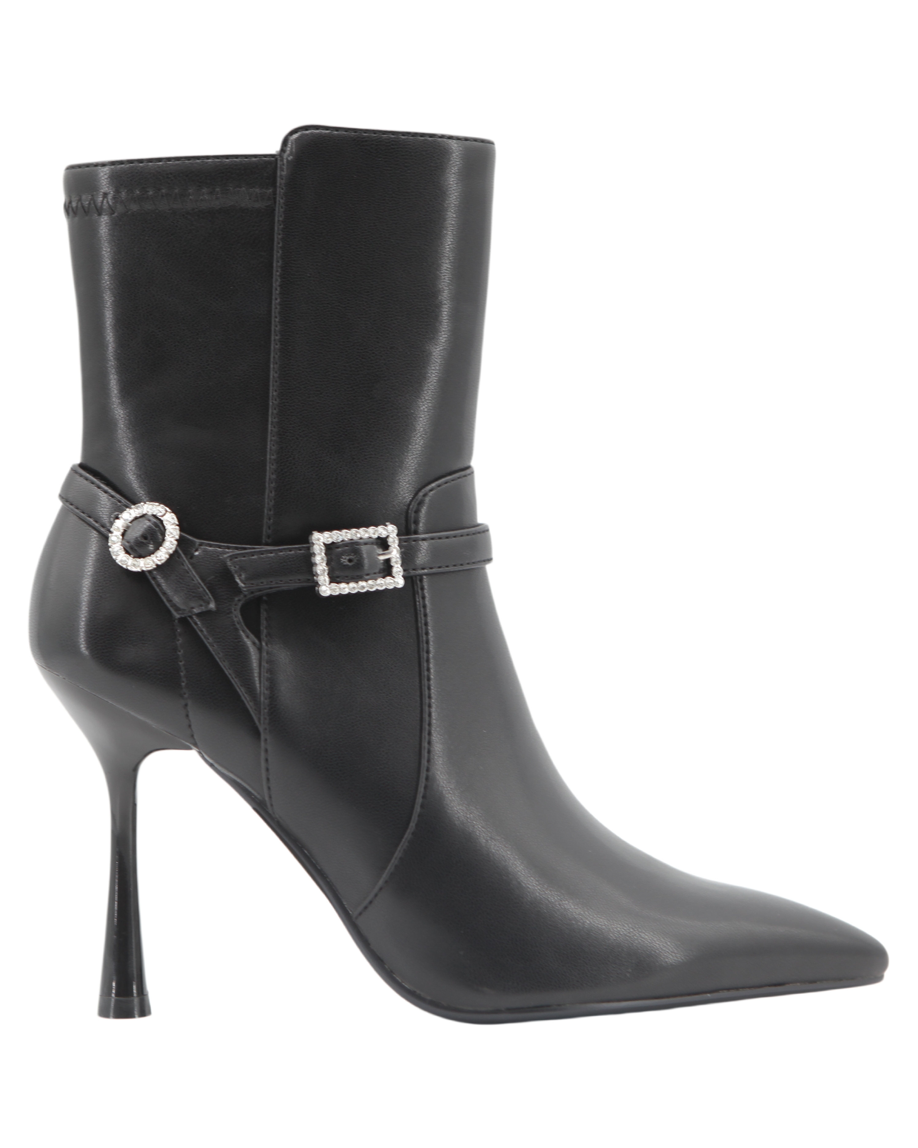 Marigold Rhinestone Boot,COSMO Footwear,Rhinestone Double Buckle Flared Heel Ankle Boots