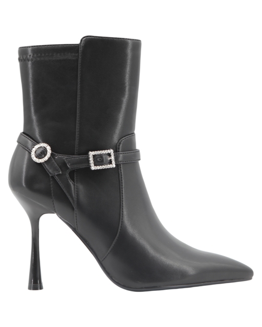 Marigold Rhinestone Boot,COSMO Footwear,Rhinestone Double Buckle Flared Heel Ankle Boots
