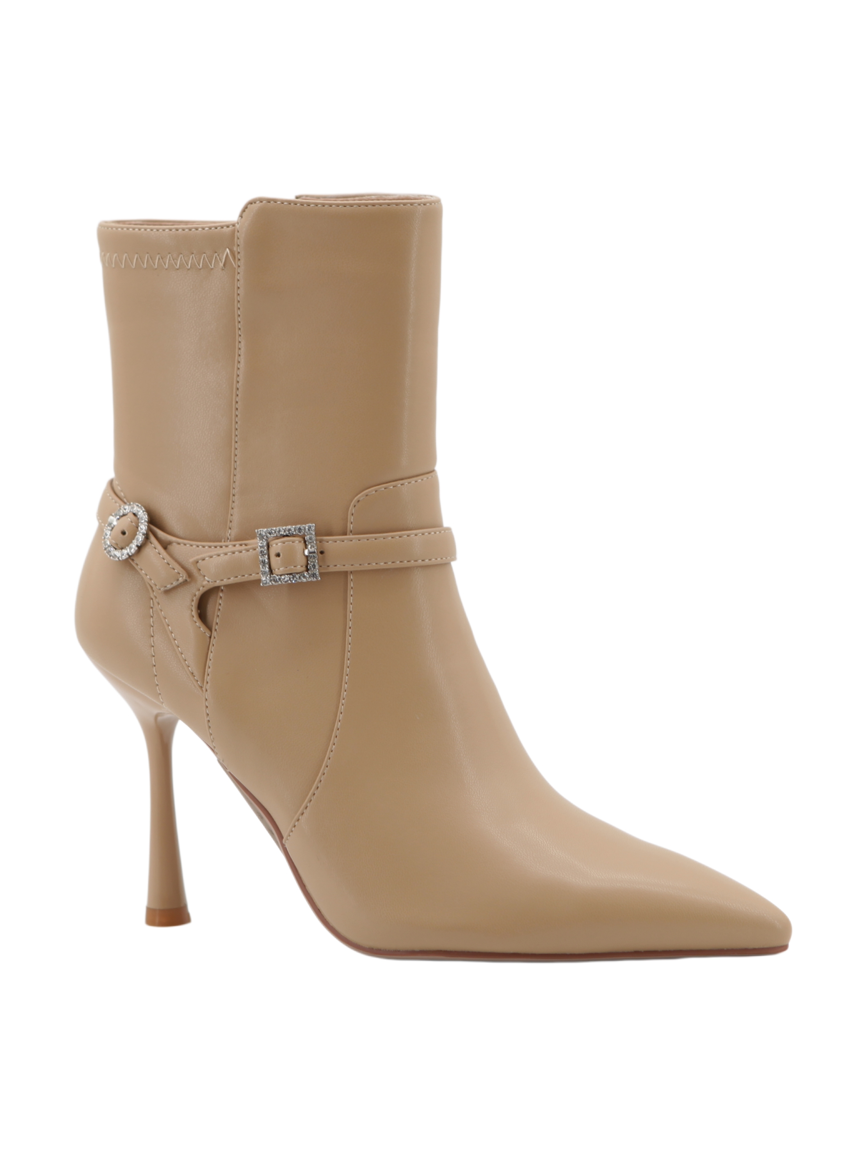 Marigold Rhinestone Boot,COSMO Footwear,Rhinestone Double Buckle Flared Heel Ankle Boots