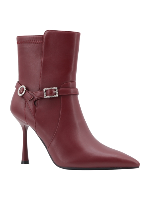 Marigold Rhinestone Boot,COSMO Footwear,Rhinestone Double Buckle Flared Heel Ankle Boots
