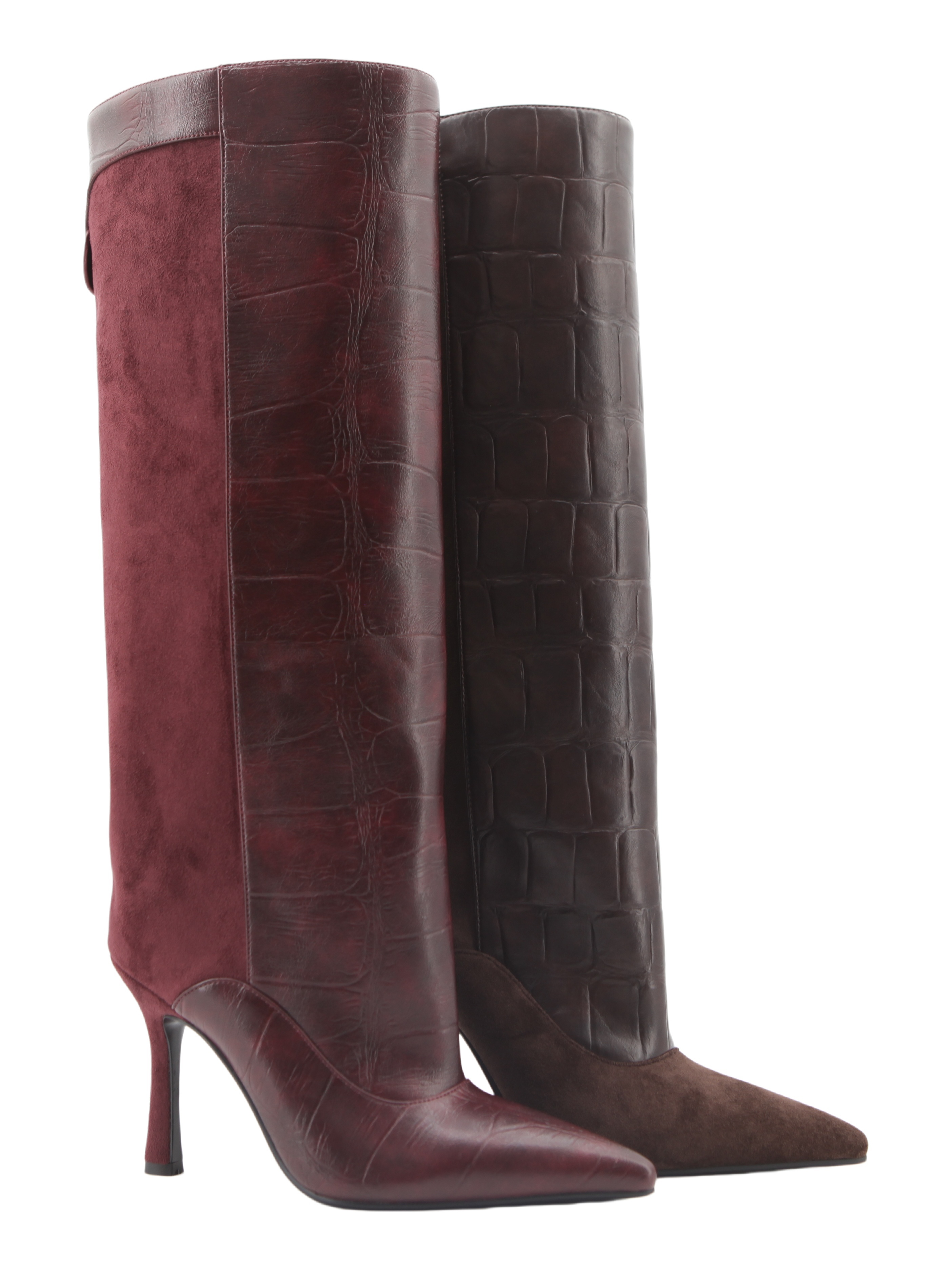 Soraya Merlot Boot,COSMO Footwear,Mixed‑Media Stiletto Knee‑High Boots