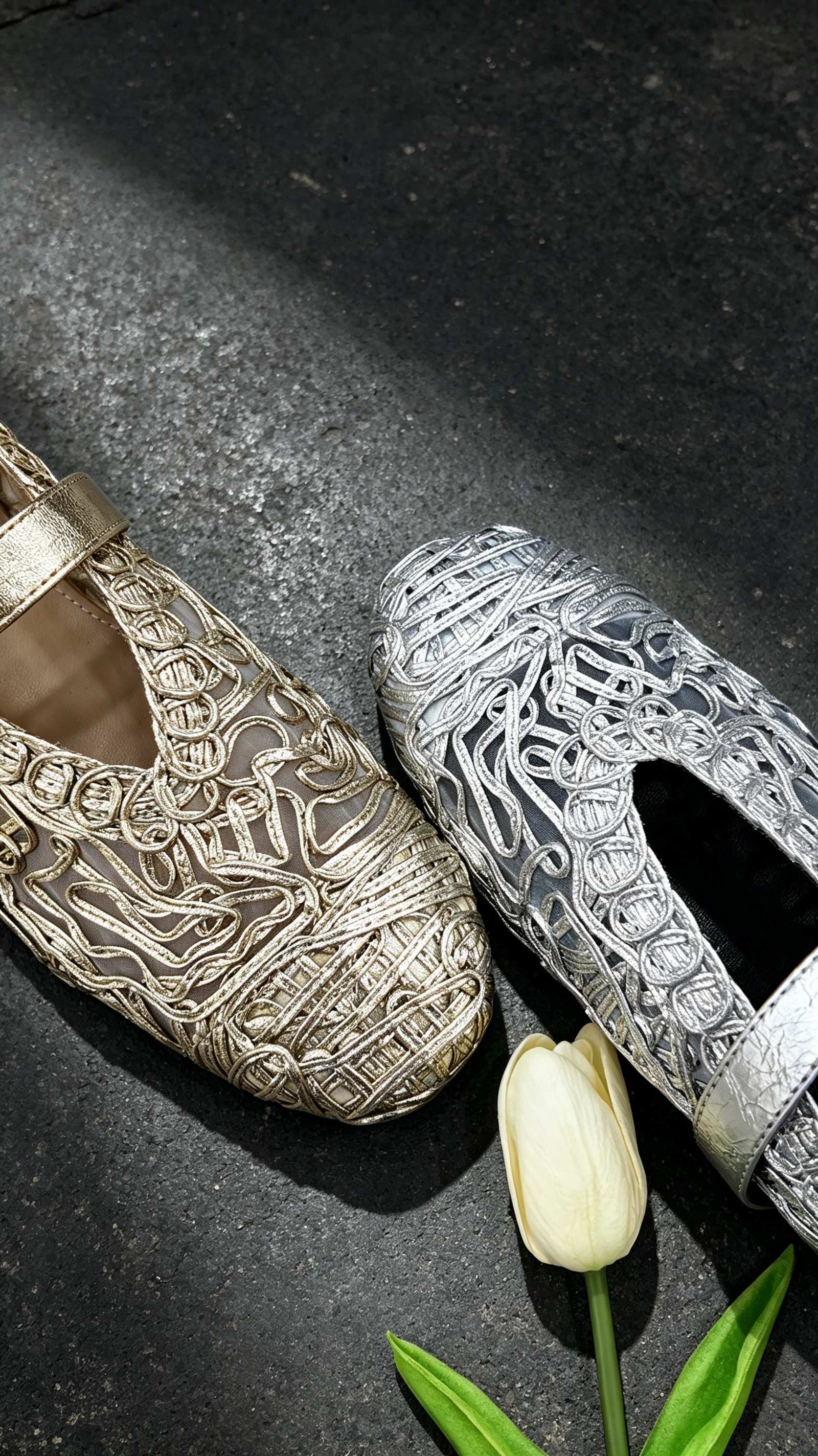 Silver Hollow Woven Mary Jane Flats,COSMO Footwear,COSMO Silver Mary Jane Flats | Fashion Flats