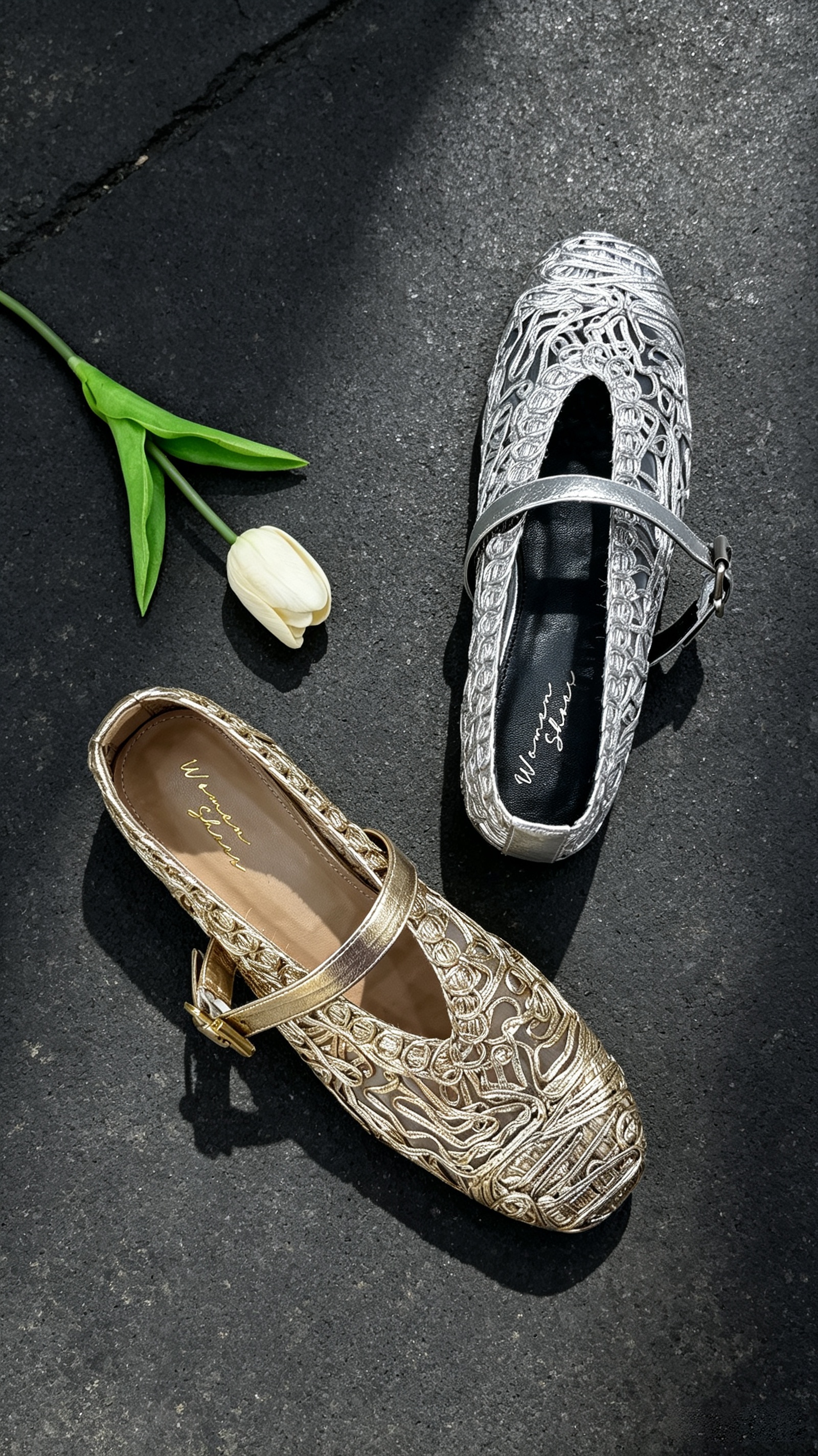 Silver Hollow Woven Mary Jane Flats,COSMO Footwear,COSMO Silver Mary Jane Flats | Fashion Flats