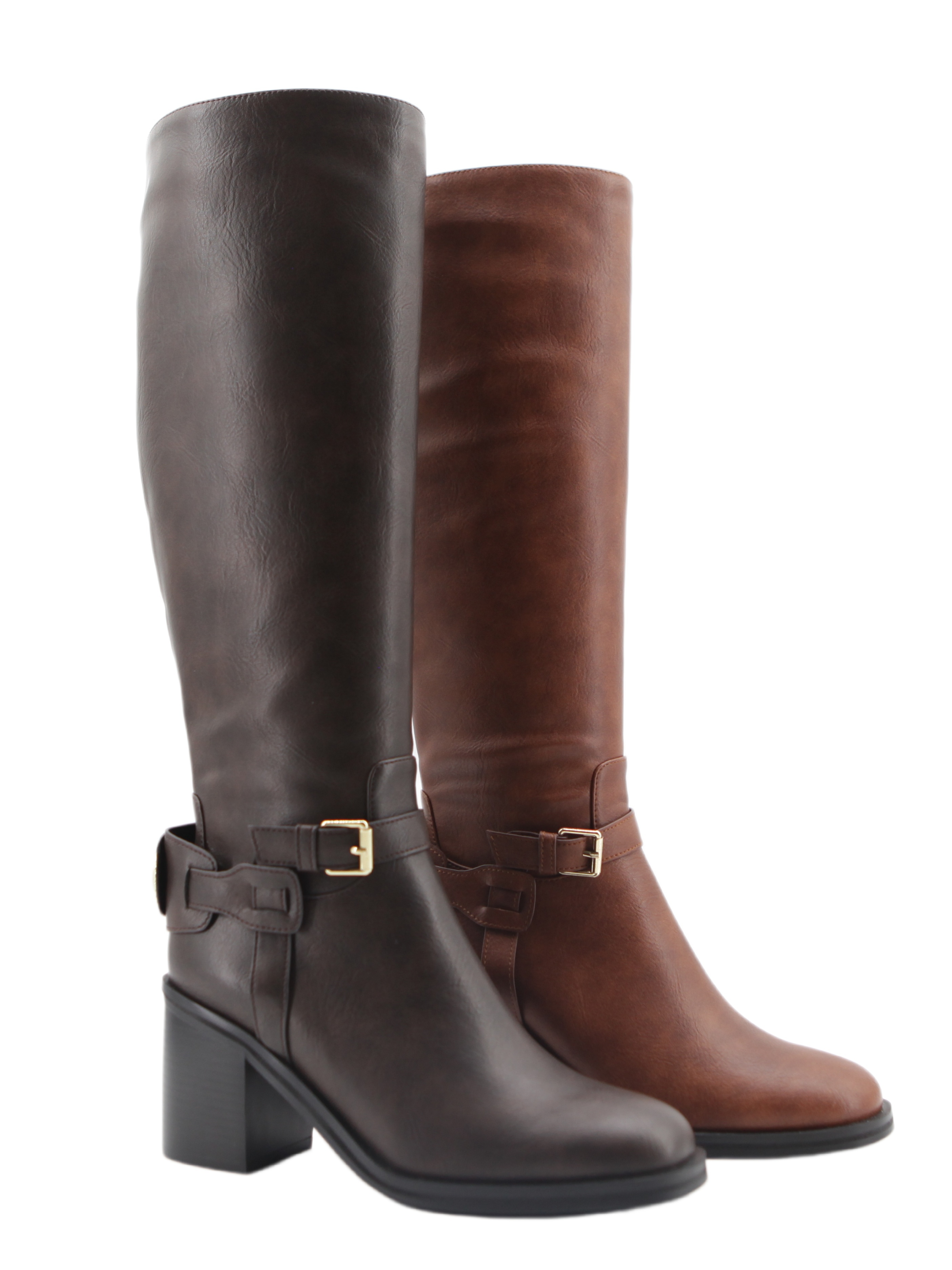 Liora Buckle Boot,COSMO Footwear,Brown Buckle Chunky Heel Knee High Boots