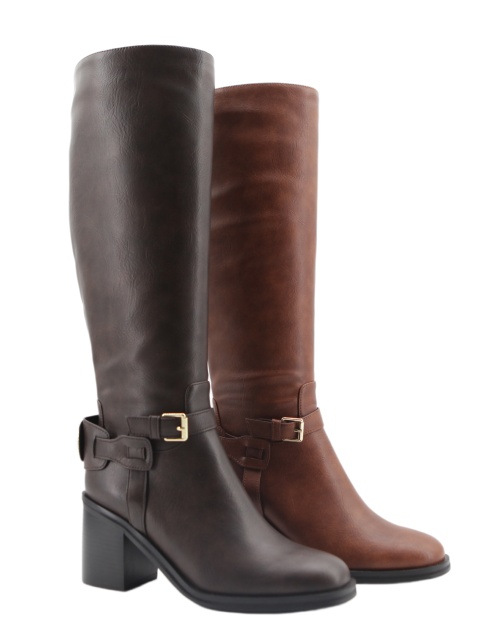 Liora Buckle Boot,COSMO Footwear,Brown Buckle Chunky Heel Knee High Boots