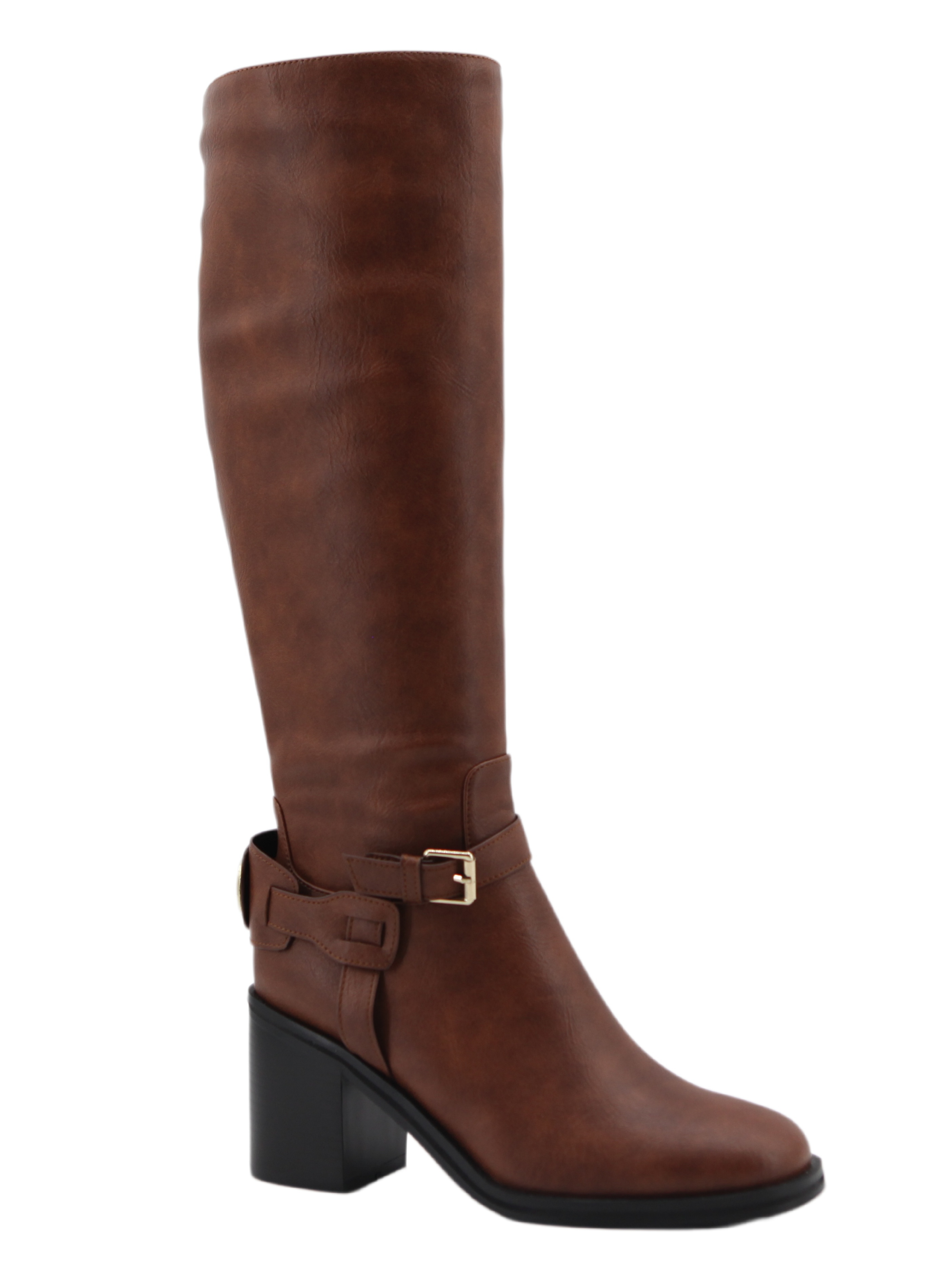 Liora Buckle Boot,COSMO Footwear,Brown Buckle Chunky Heel Knee High Boots
