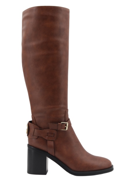 Liora Buckle Boot,COSMO Footwear,Brown Buckle Chunky Heel Knee High Boots