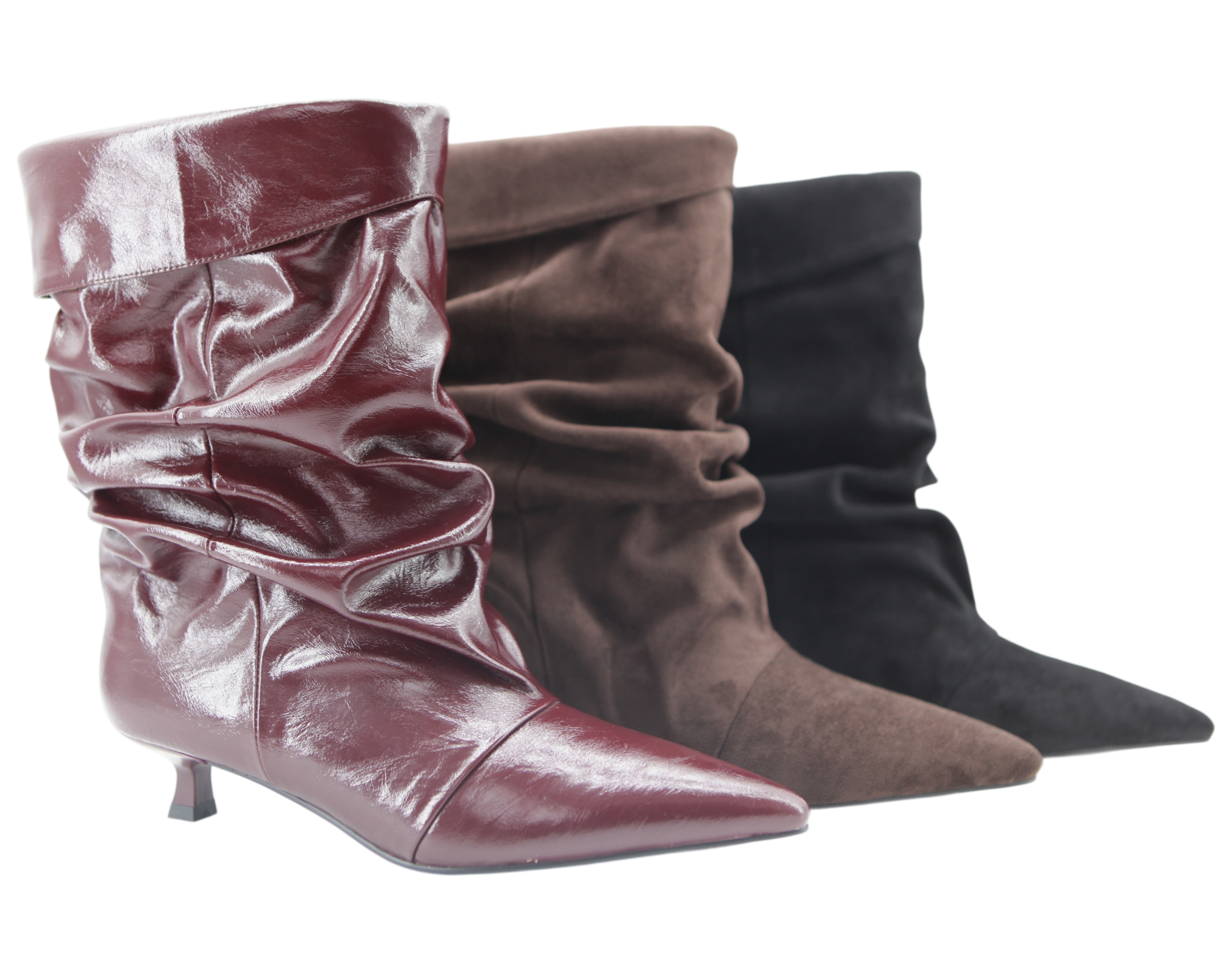Bruna Boot,COSMO Footwear,Women Burgundy Ruched Pointed Toe Kitten Heel Boots