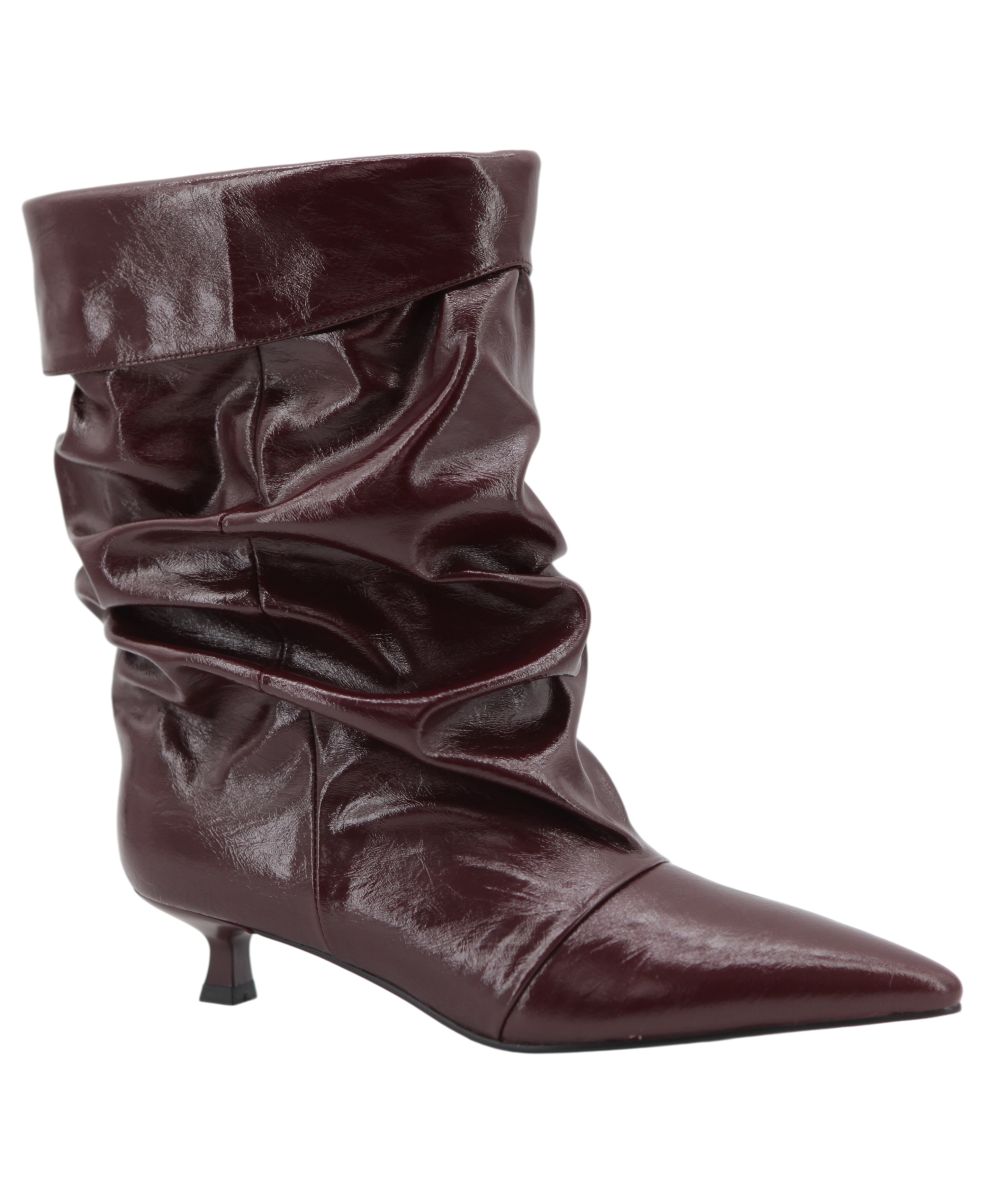 Bruna Boot,COSMO Footwear,Women Burgundy Ruched Pointed Toe Kitten Heel Boots